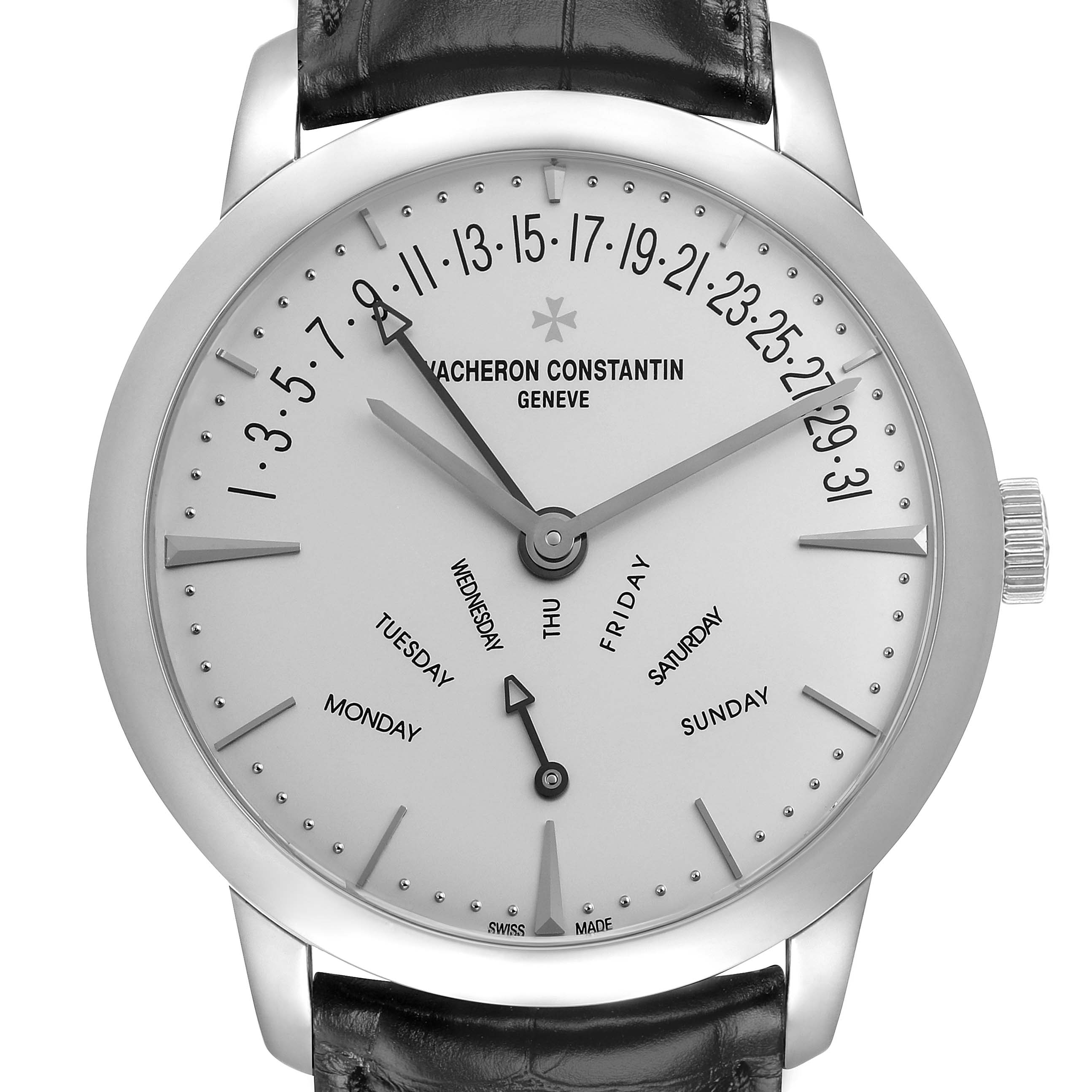 The Vacheron Constantin Patrimony 86020 Men
s White Gold Silver Dial watch is shown from the front, displaying its dial, hands, and part of the leather strap.