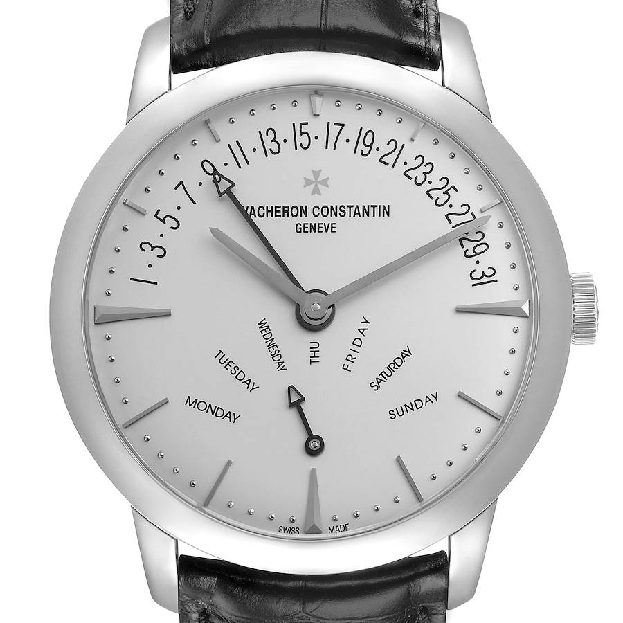 The Vacheron Constantin Patrimony 86020 Men's White Gold Silver Dial watch is shown from the front, displaying its dial, hands, and part of the leather strap.