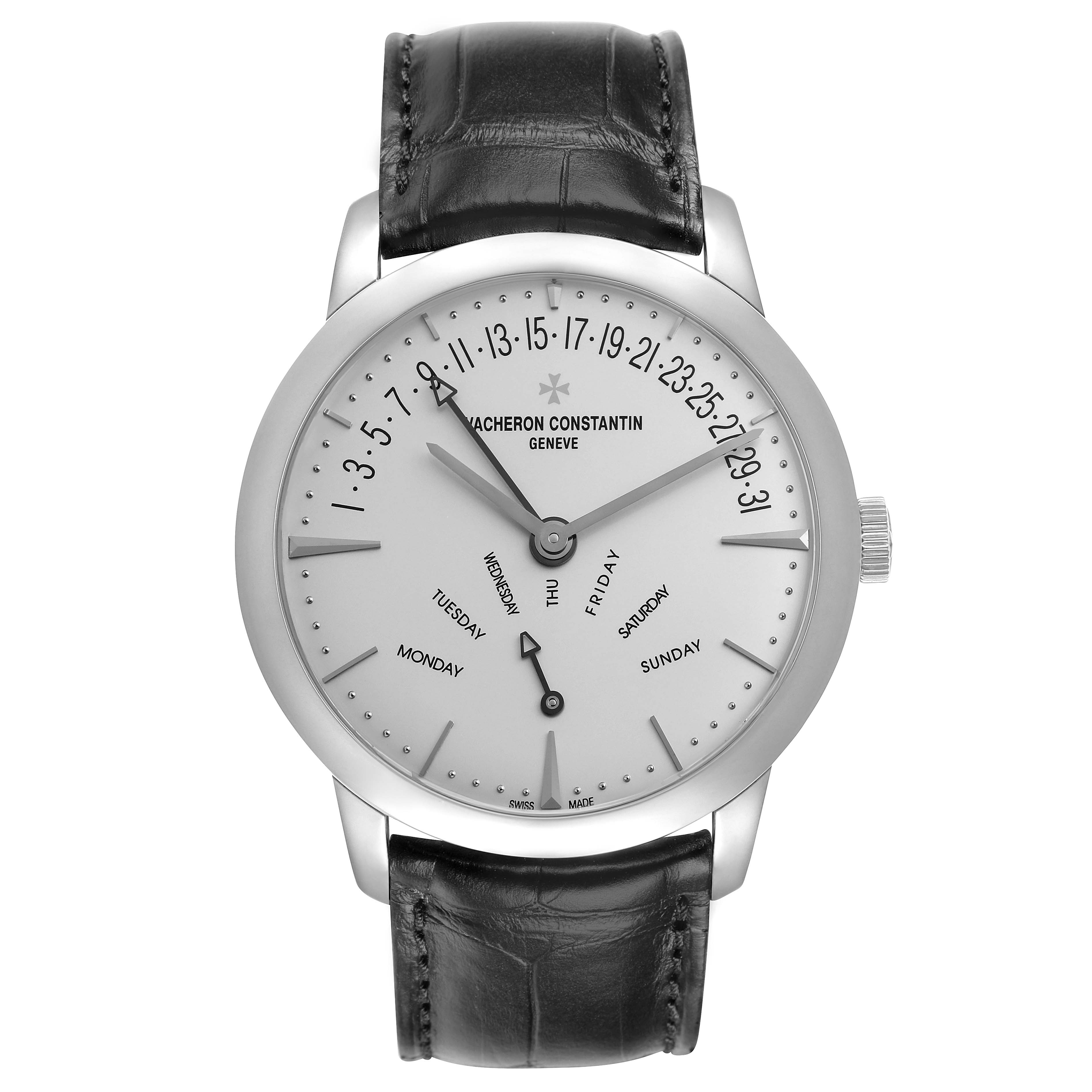 This Vacheron Constantin Patrimony 86020 Men
s White Gold Silver Dial watch is shown from the front, displaying the face, hour markers, and a black leather strap.