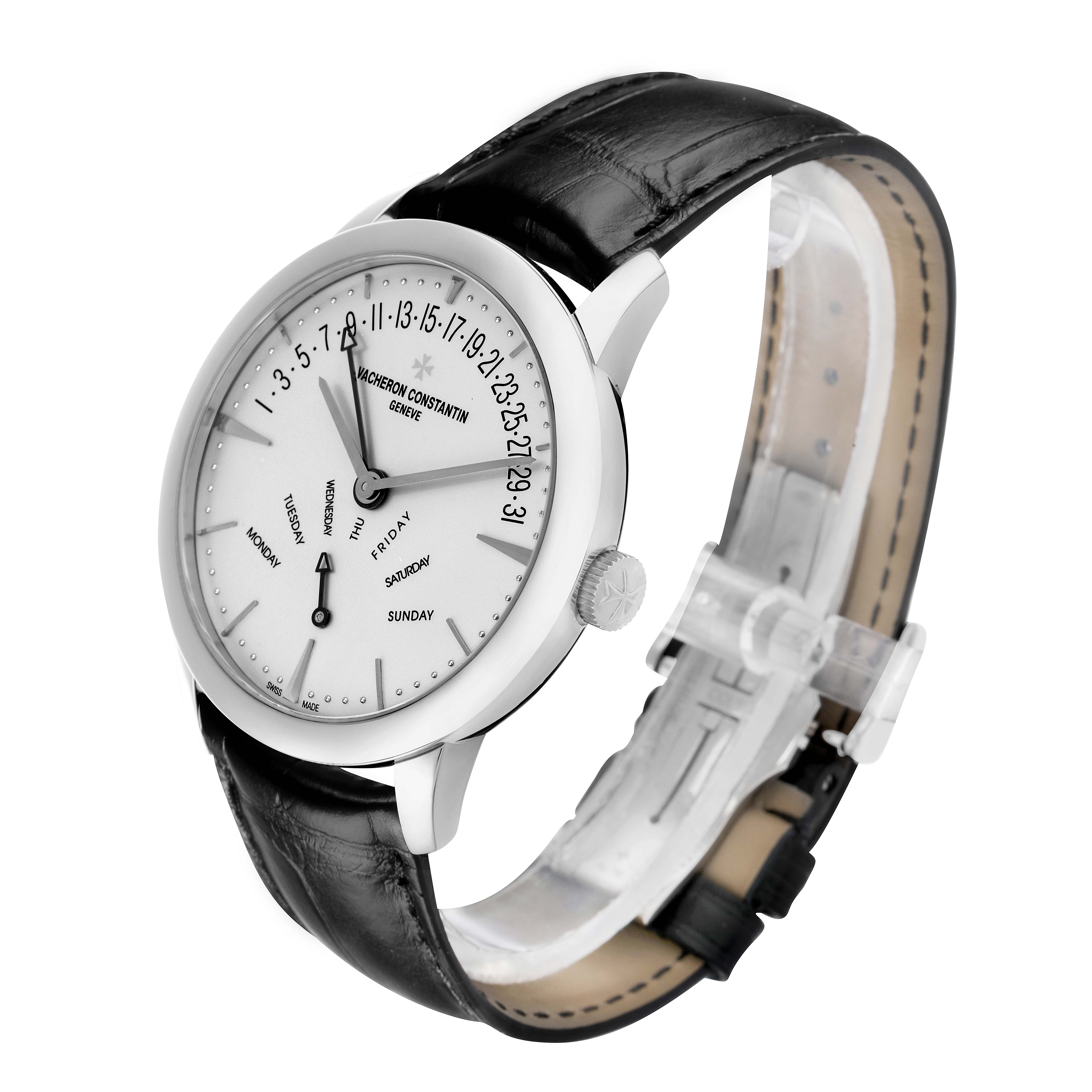 The Vacheron Constantin Patrimony 86020 Men
s White Gold Silver Dial watch is shown at a three-quarter angle, highlighting the face, crown, and leather strap.