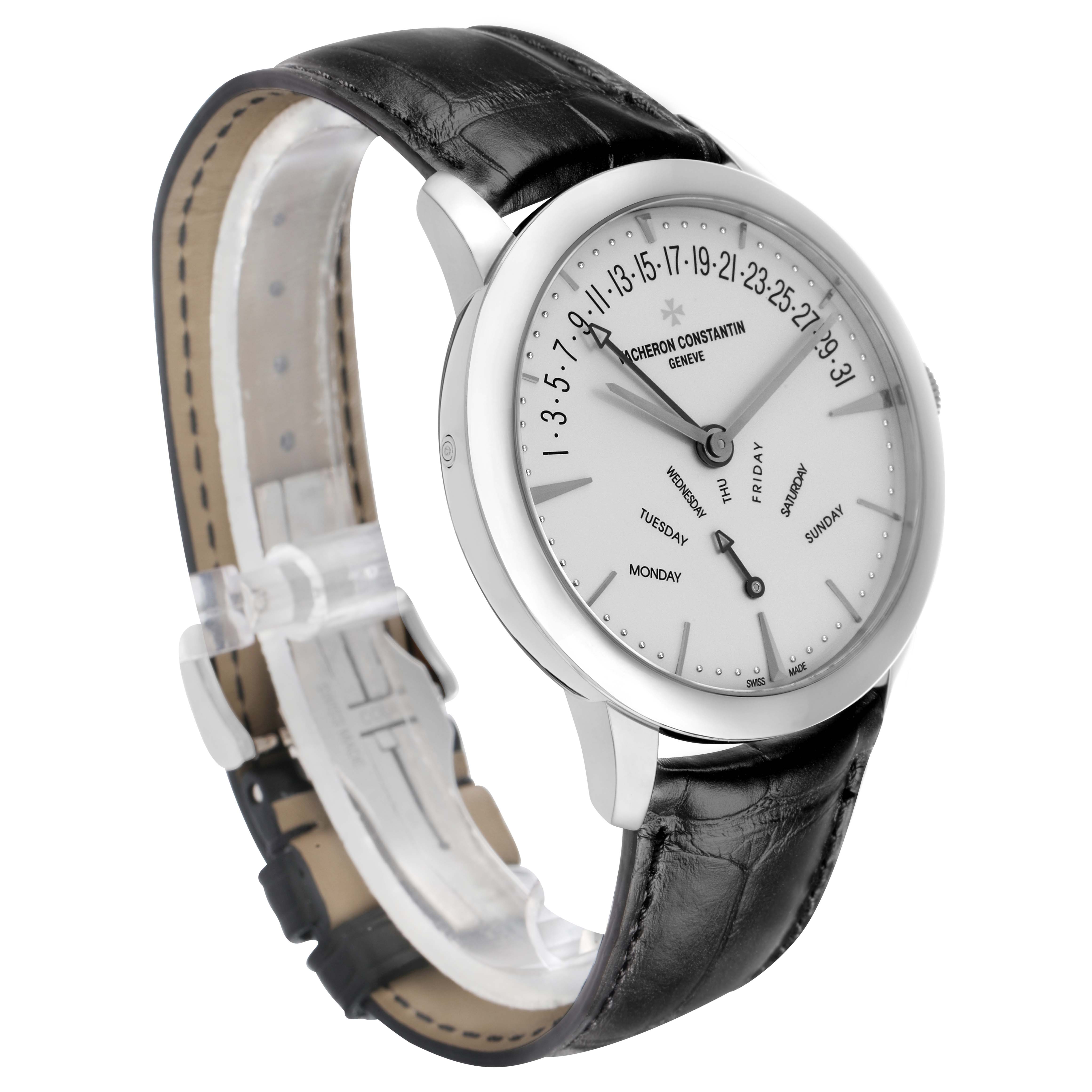 The Vacheron Constantin Patrimony 86020 Men
s White Gold Silver Dial watch is shown at a three-quarter angle, revealing the face, case, and leather strap.