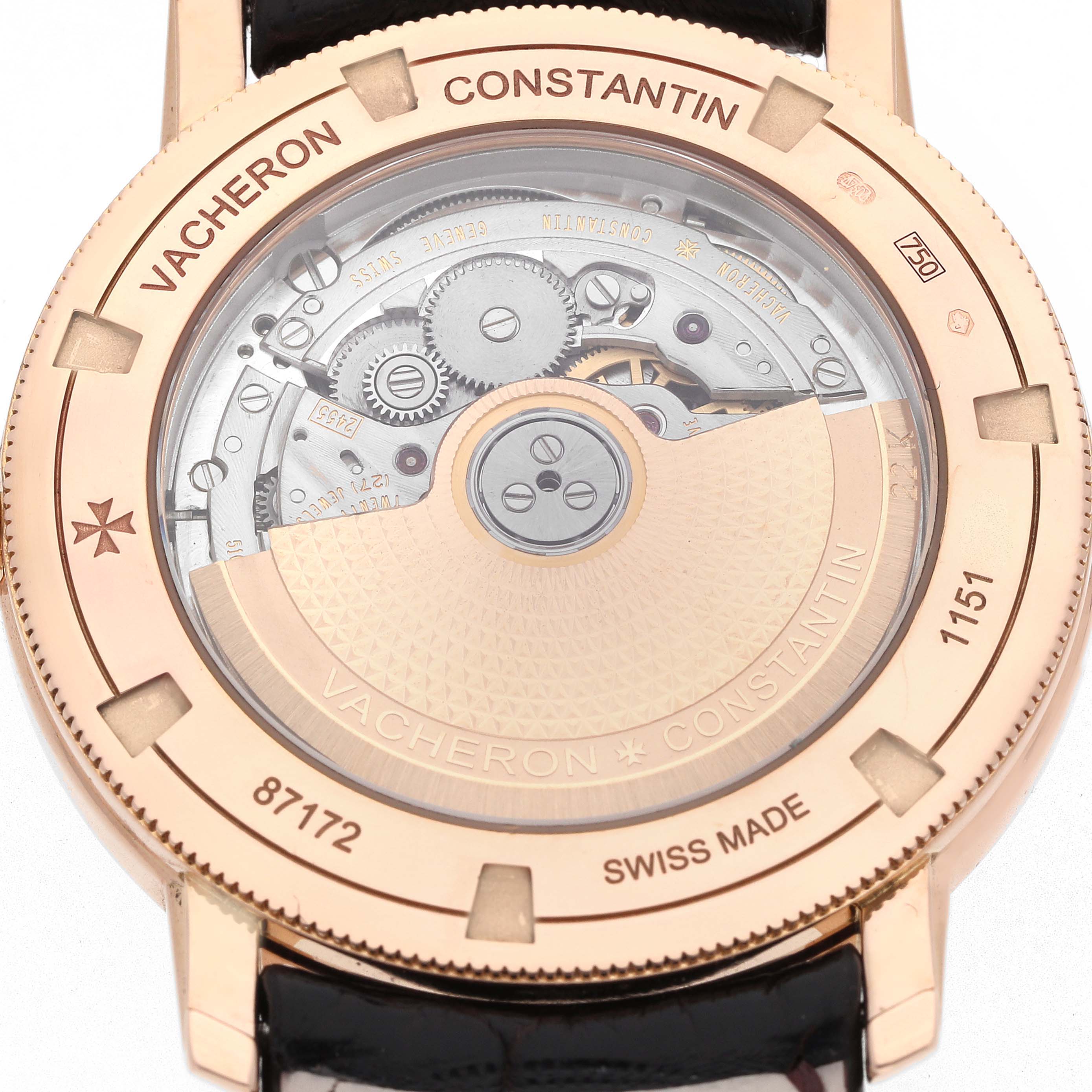 The image shows the back of a Traditionnelle model by Vacheron Constantin, revealing its movement and rotor.
