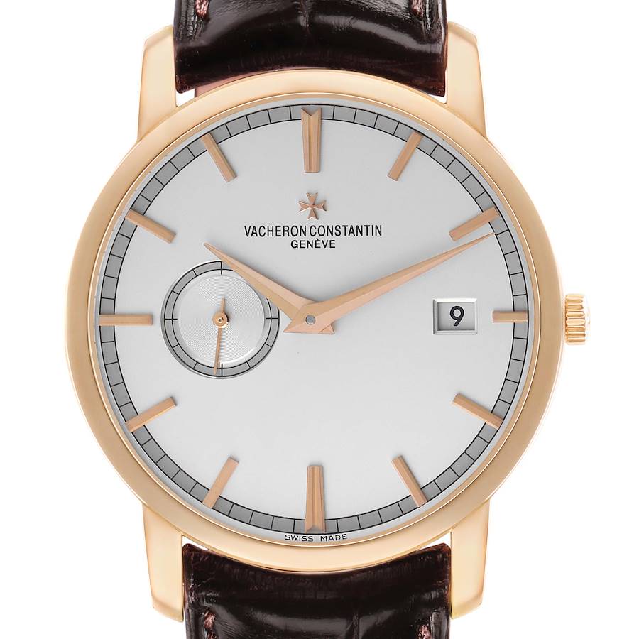 The Vacheron Constantin Traditionnelle 87172/000R-9302 Men's Rose Gold Silver Dial watch is shown from the front, displaying the dial, hour markers, date window, and crown.