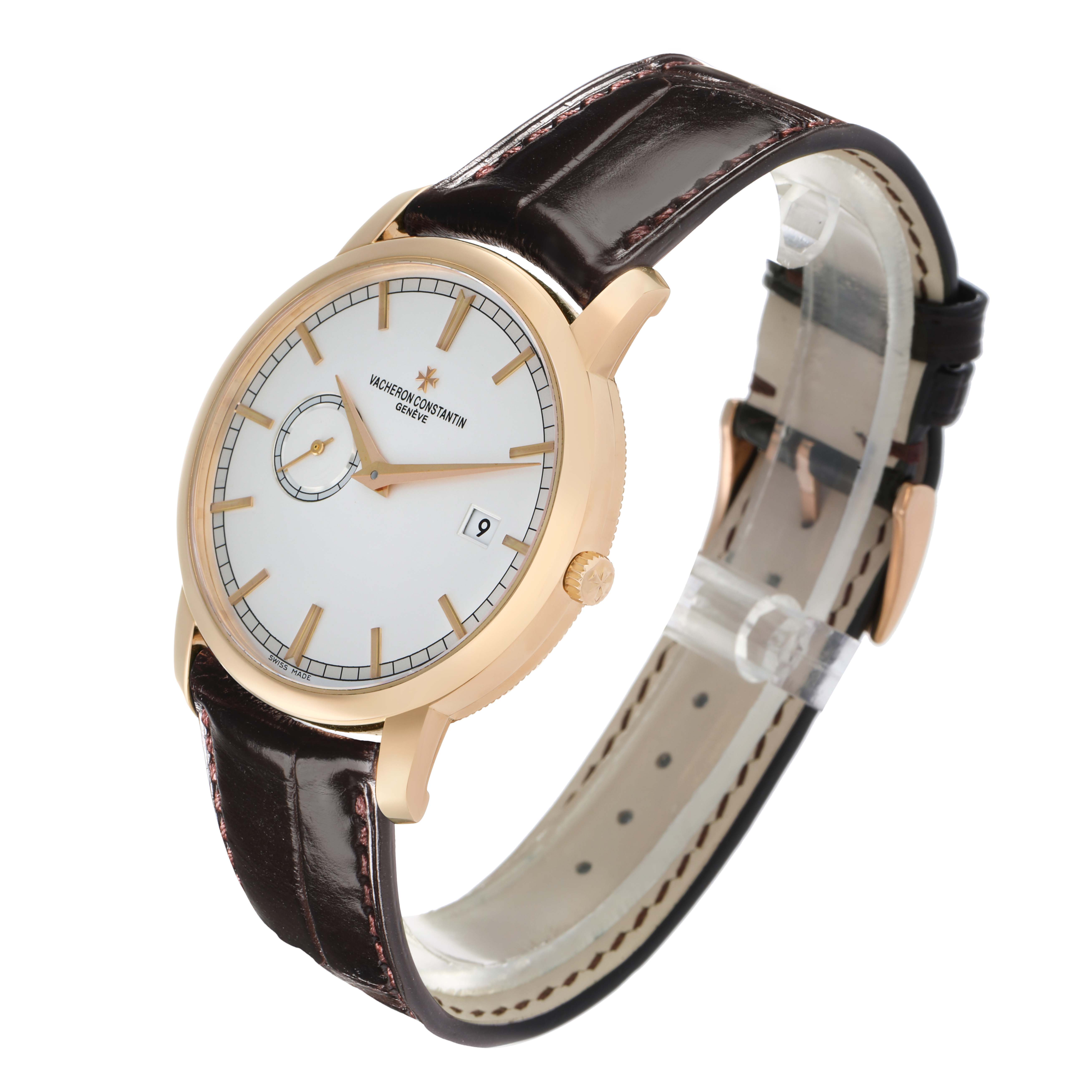 The Vacheron Constantin Traditionnelle 87172/000R-9302 Men
s Rose Gold Silver Dial watch is shown at a three-quarter angle, displaying the face, strap, crown, and case.