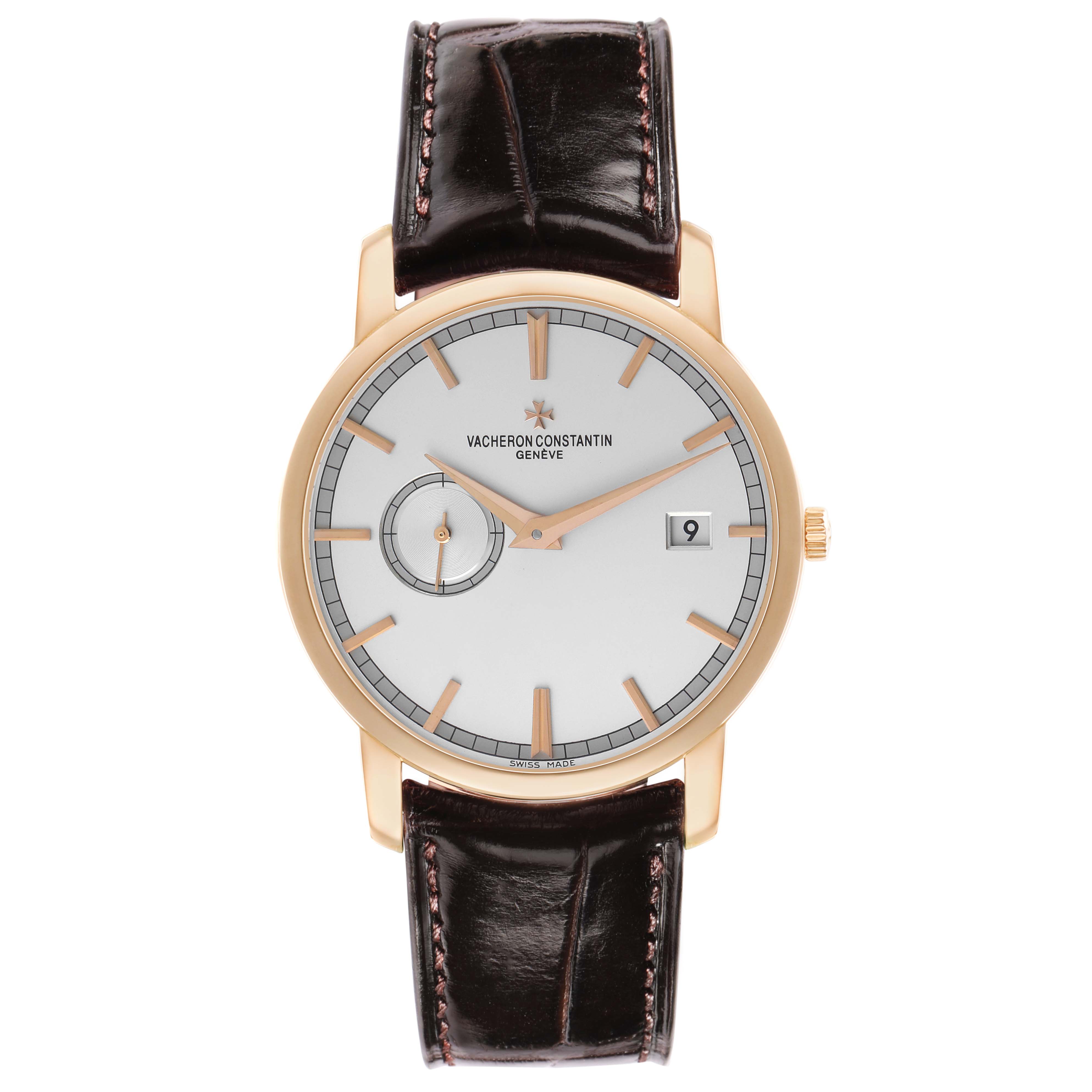 The Vacheron Constantin Traditionnelle 87172/000R-9302 Men
s Rose Gold Silver Dial watch is shown from the front, displaying the dial, hands, indices, date window, and strap.