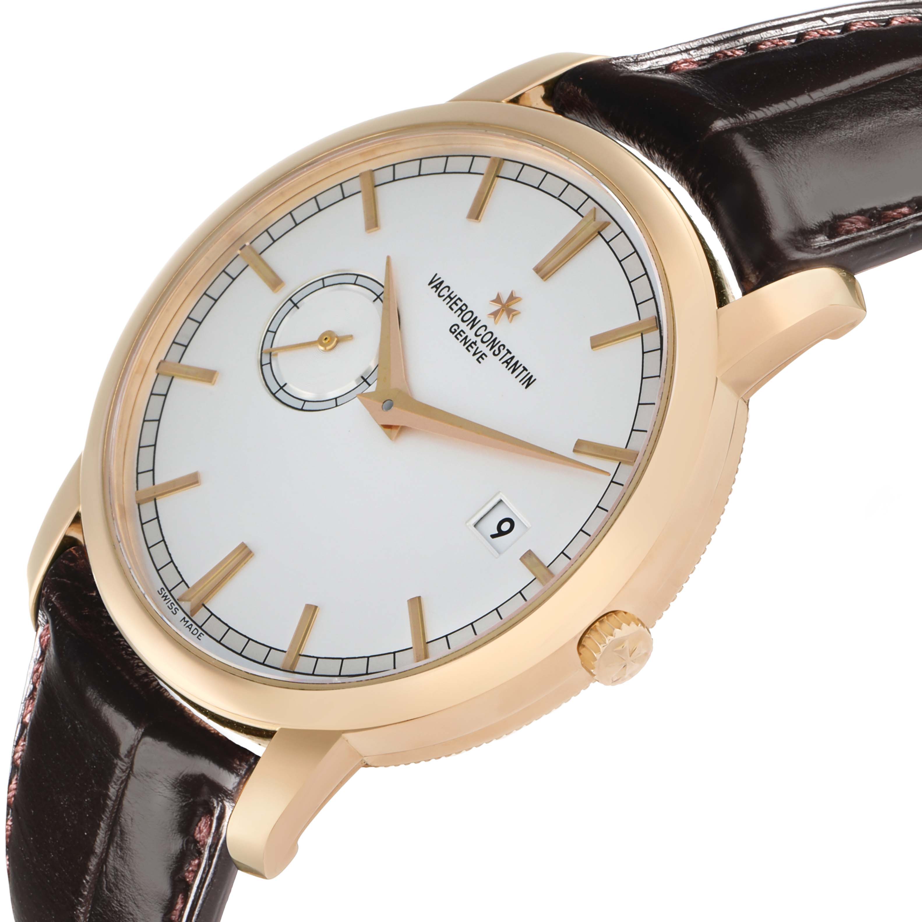 The Vacheron Constantin Traditionnelle 87172/000R-9302 Men
s Rose Gold Silver Dial watch is shown at an angled side view, highlighting the dial, crown, and leather strap.