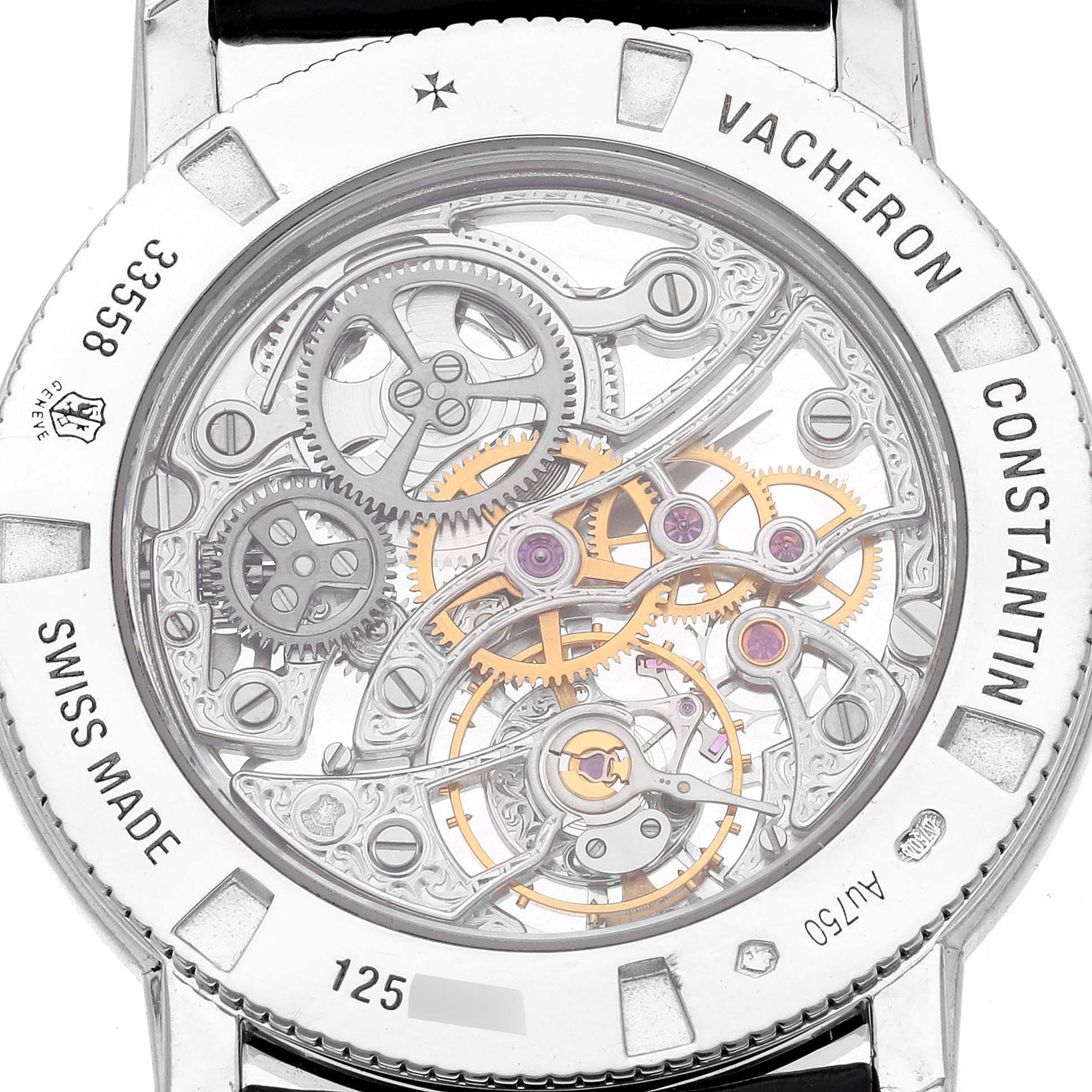 This image shows the back of a Vacheron Constantin Traditionnelle 33558/000G-9394 Women
s White Gold Silver Dial 33558/000G-9394 Women
s White Gold Silver Dial watch, highlighting its intricate mechanical movement.