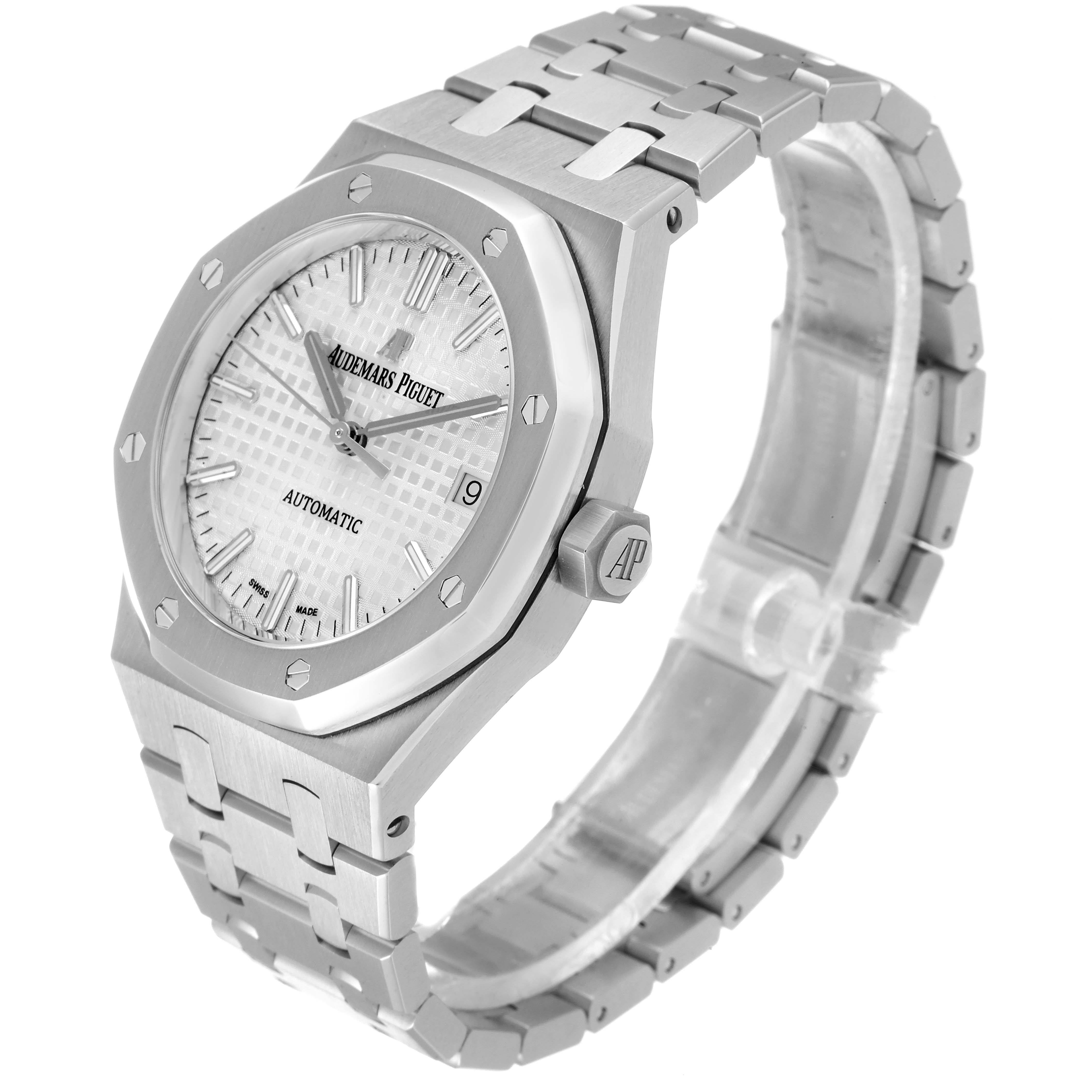 The Audemars Piguet Royal Oak 15450ST.OO.1256ST.01 Men's Stainless Steel Silver Dial 15450ST.OO.1256ST.01 Men's Stainless Steel Silver Dial watch is shown at a three-quarter angle, displaying the face, bezel, and band.