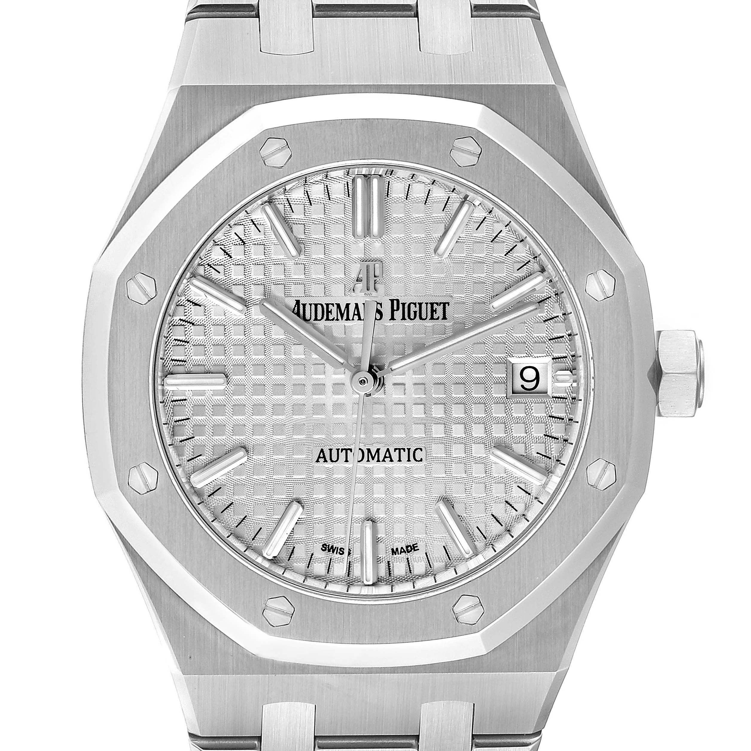 This is a front view of the Audemars Piguet Royal Oak 15450ST.OO.1256ST.01 Men's Stainless Steel Silver Dial 15450ST.OO.1256ST.01 Men's Stainless Steel Silver Dial watch, showing its octagonal bezel, dial, hands, and date window.