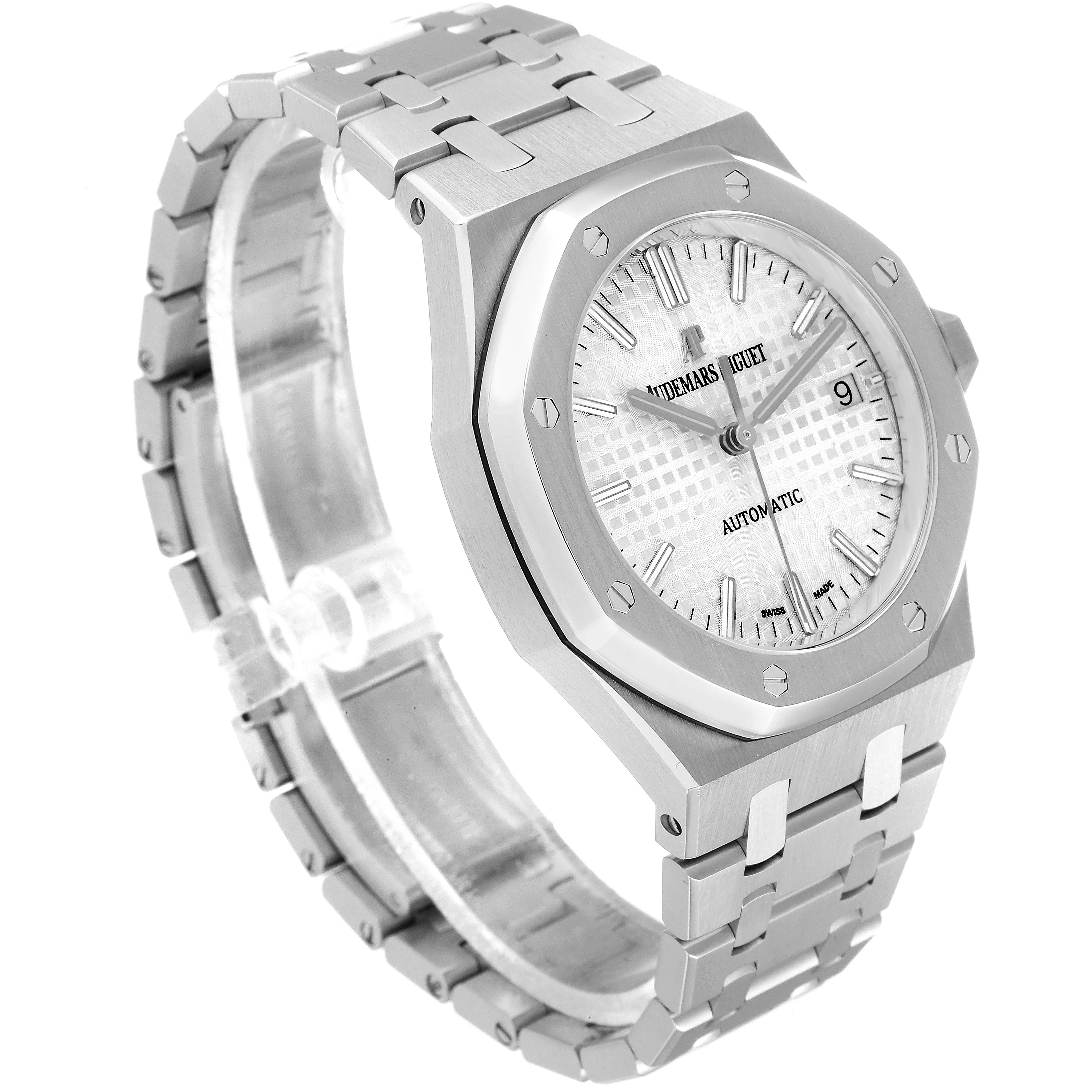 The image shows a side angle of the Audemars Piguet Royal Oak 15450ST.OO.1256ST.01 Men's Stainless Steel Silver Dial 15450ST.OO.1256ST.01 Men's Stainless Steel Silver Dial watch, highlighting the dial, bezel, and bracelet.