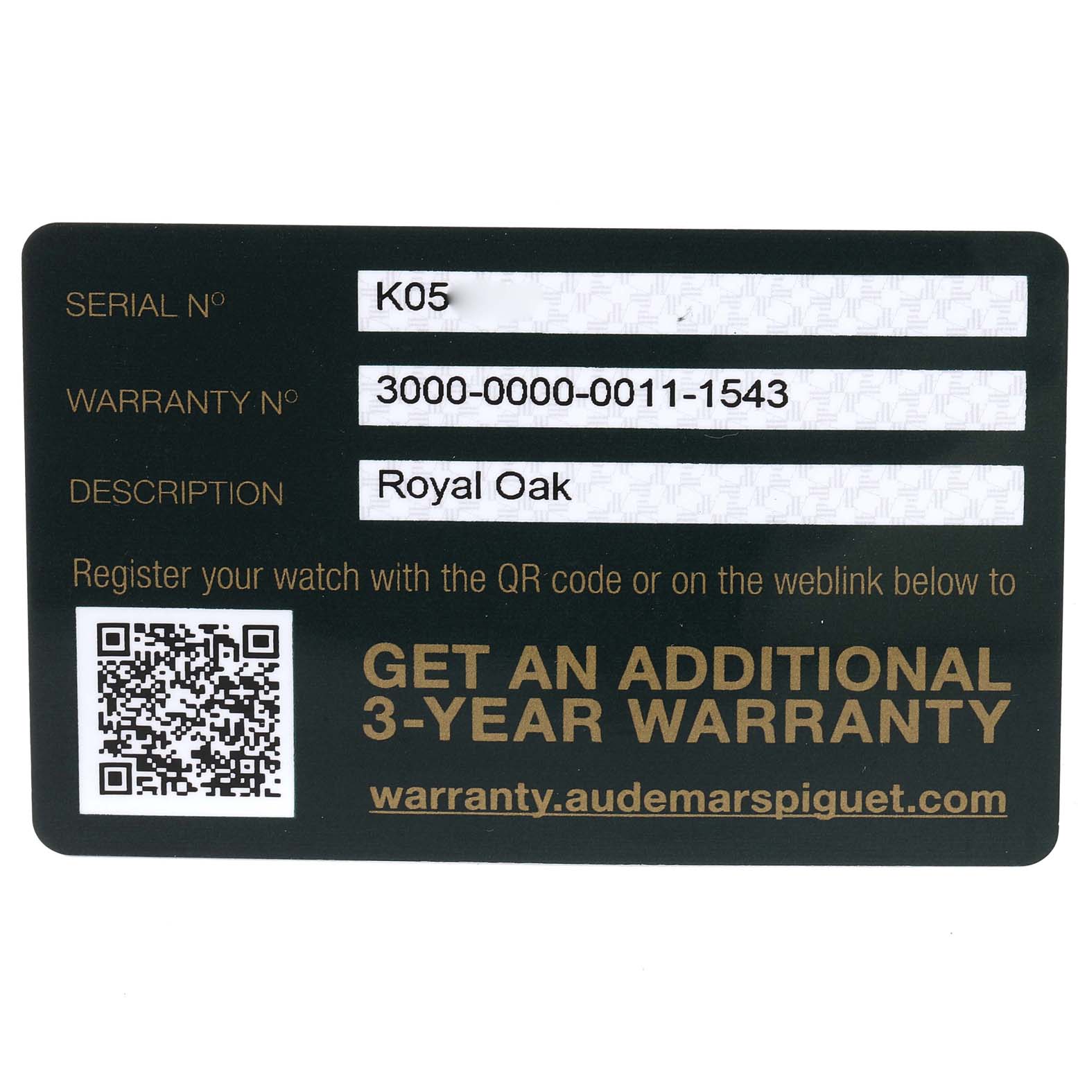 The image shows a warranty card for the Audemars Piguet Royal Oak 15450ST.OO.1256ST.01 Men's Stainless Steel Silver Dial 15450ST.OO.1256ST.01 Men's Stainless Steel Silver Dial watch, displaying the serial number, warranty number, and a QR code.