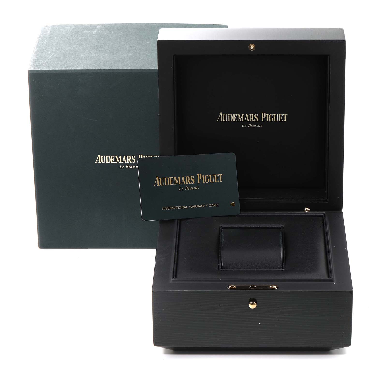 The image shows the packaging, display case, and warranty card for an Audemars Piguet Royal Oak 15450ST.OO.1256ST.01 Men's Stainless Steel Silver Dial 15450ST.OO.1256ST.01 Men's Stainless Steel Silver Dial watch.