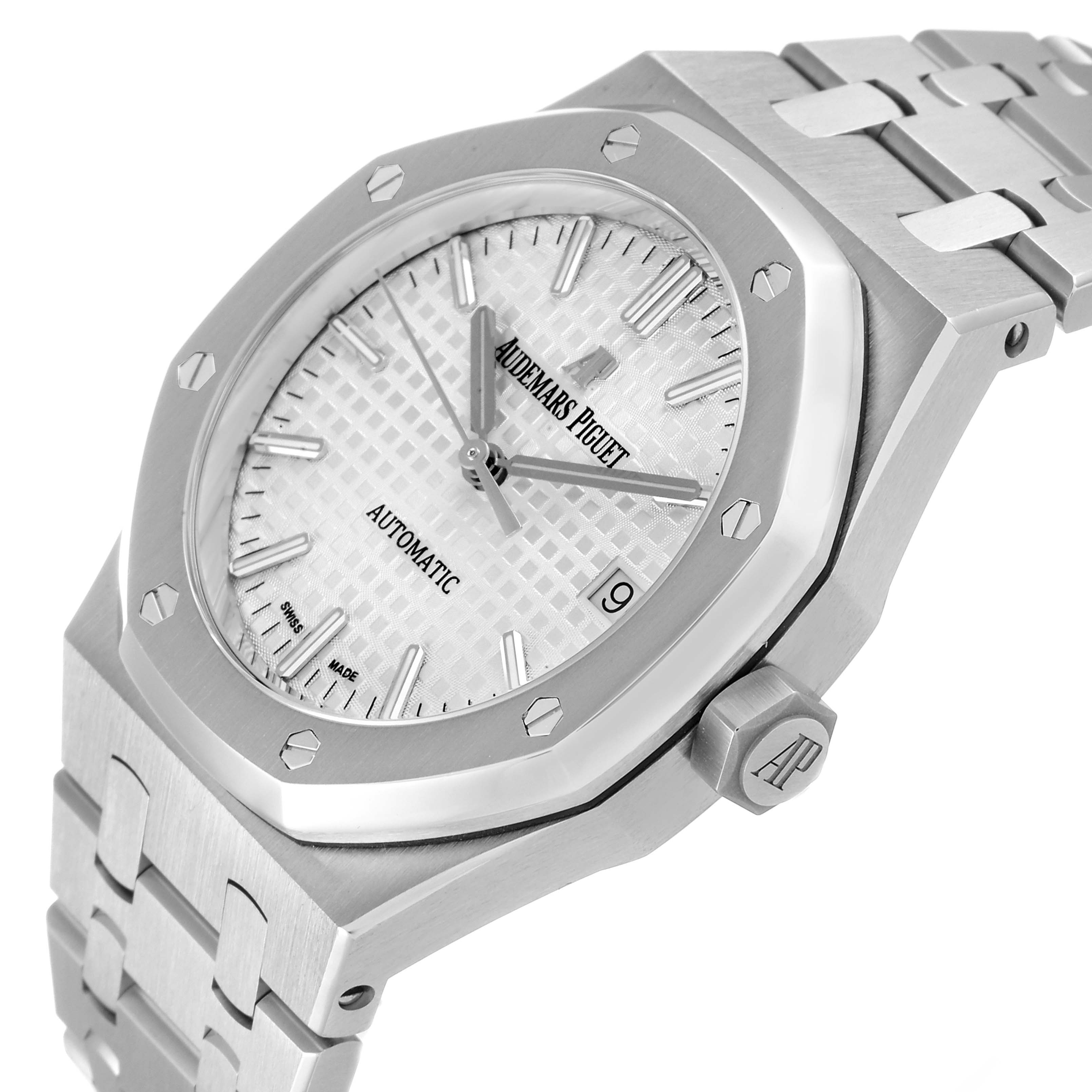 The image shows a side angle of the Audemars Piguet Royal Oak 15450ST.OO.1256ST.01 Men's Stainless Steel Silver Dial 15450ST.OO.1256ST.01 Men's Stainless Steel Silver Dial watch, highlighting the face, bezel, and bracelet.