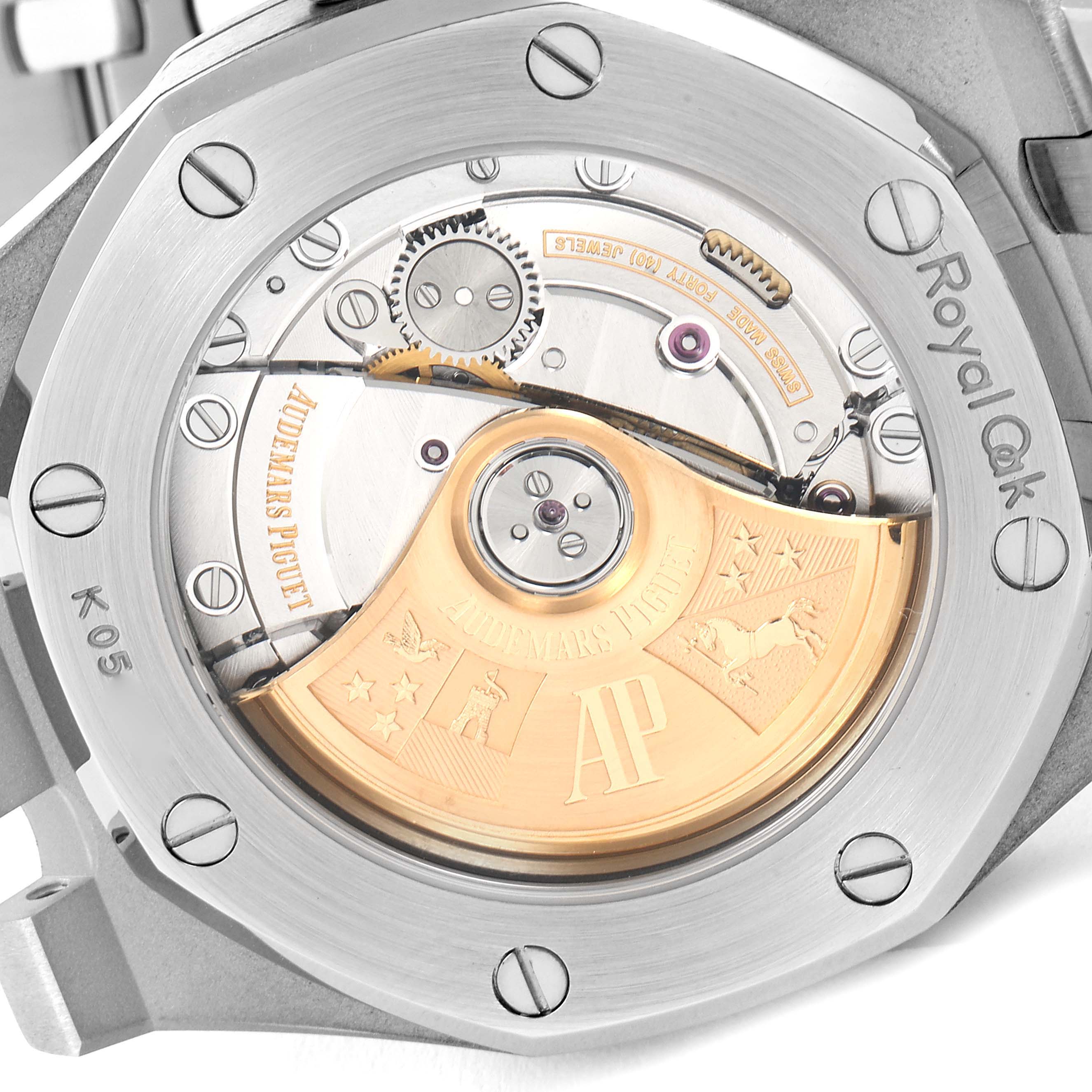 This image shows the back case of an Audemars Piguet Royal Oak 15450ST.OO.1256ST.01 Men's Stainless Steel Silver Dial 15450ST.OO.1256ST.01 Men's Stainless Steel Silver Dial watch, highlighting its intricate mechanical movement.