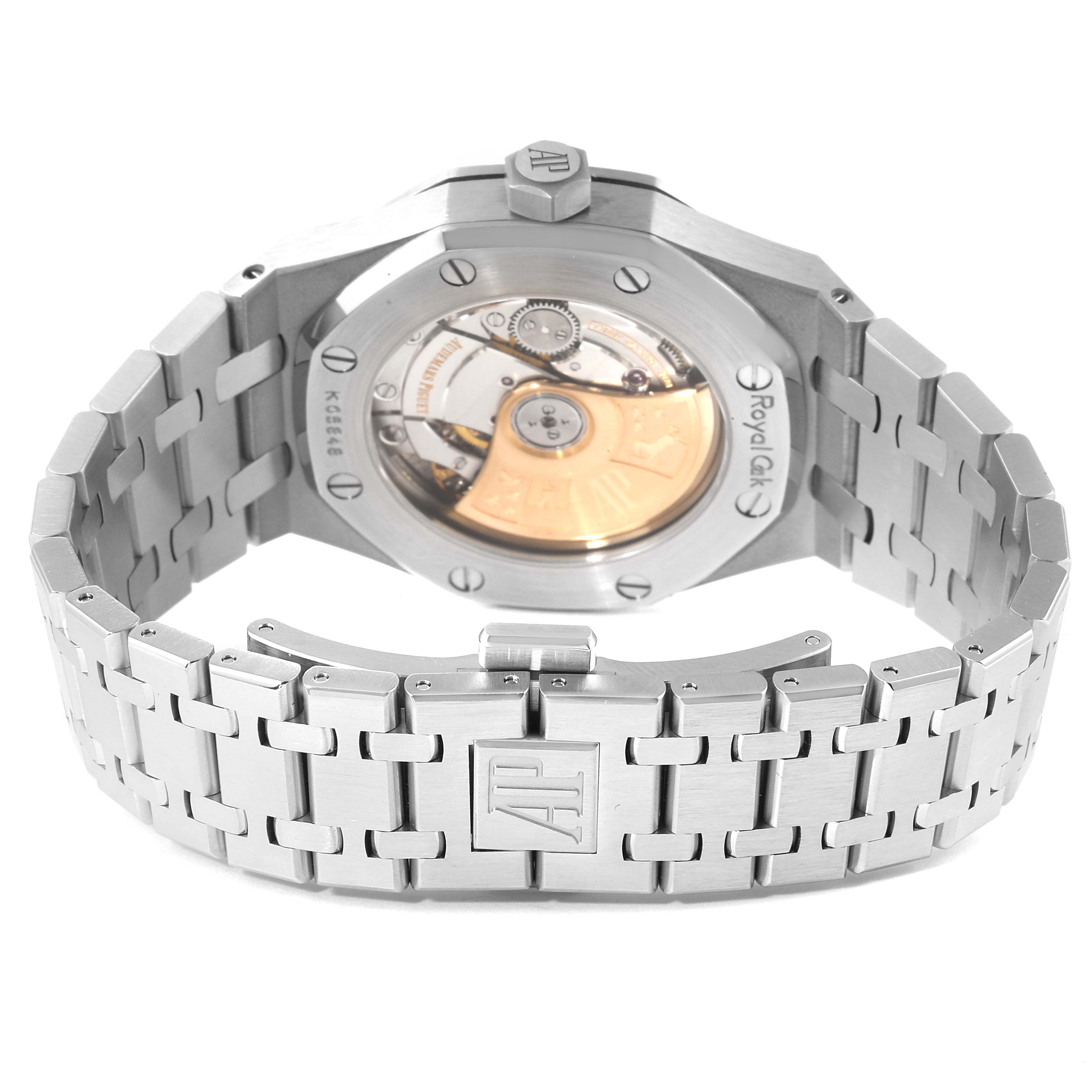 This image shows the back view of the Audemars Piguet Royal Oak 15450ST.OO.1256ST.01 Men's Stainless Steel Silver Dial 15450ST.OO.1256ST.01 Men's Stainless Steel Silver Dial watch, highlighting its caseback and metal bracelet.