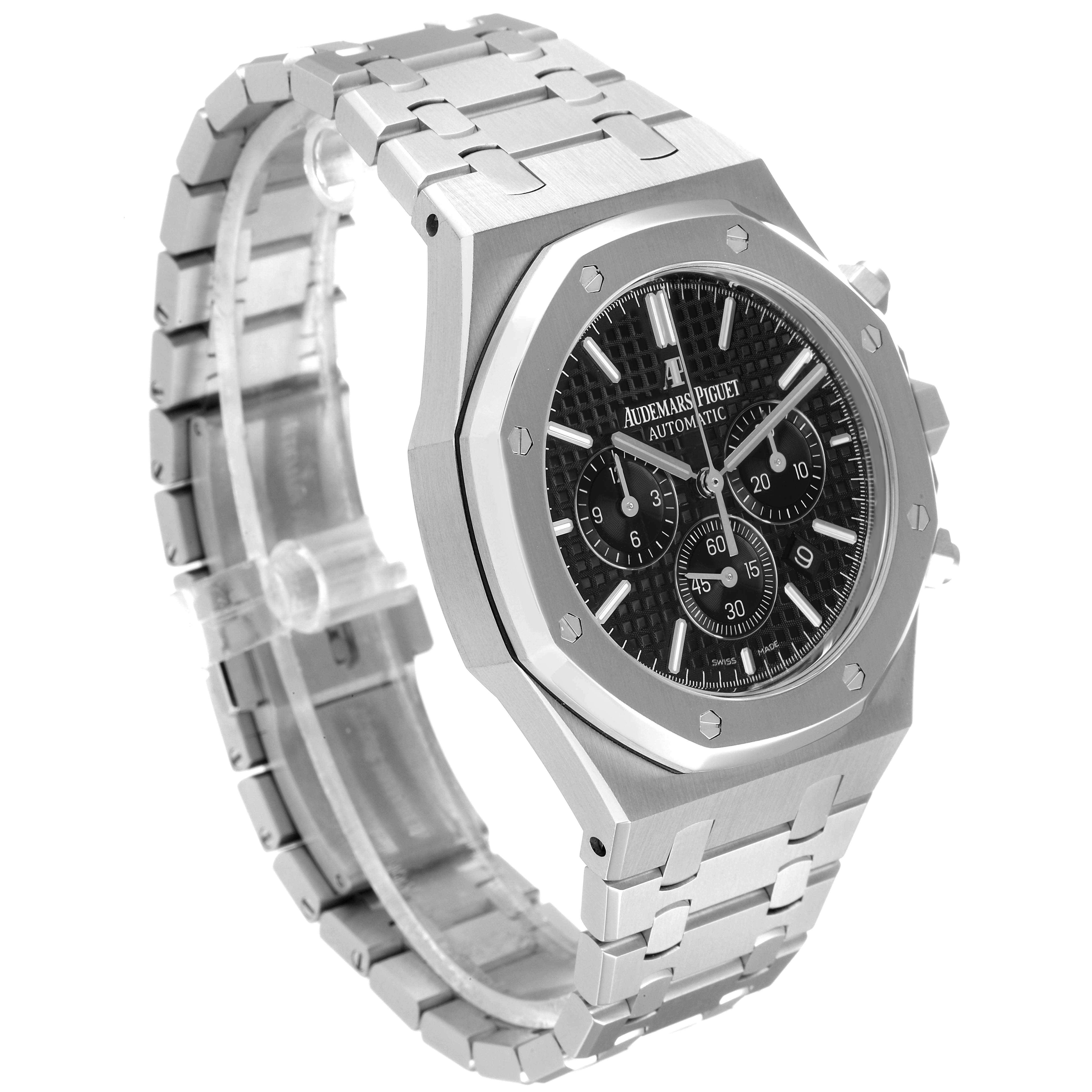 This image shows an angled view of an Audemars Piguet Royal Oak 26320ST.00.1220ST.01 Men's Stainless Steel Black Dial 26320ST.00.1220ST.01 Men's Stainless Steel Black Dial watch, displaying its face, band, and crown.
