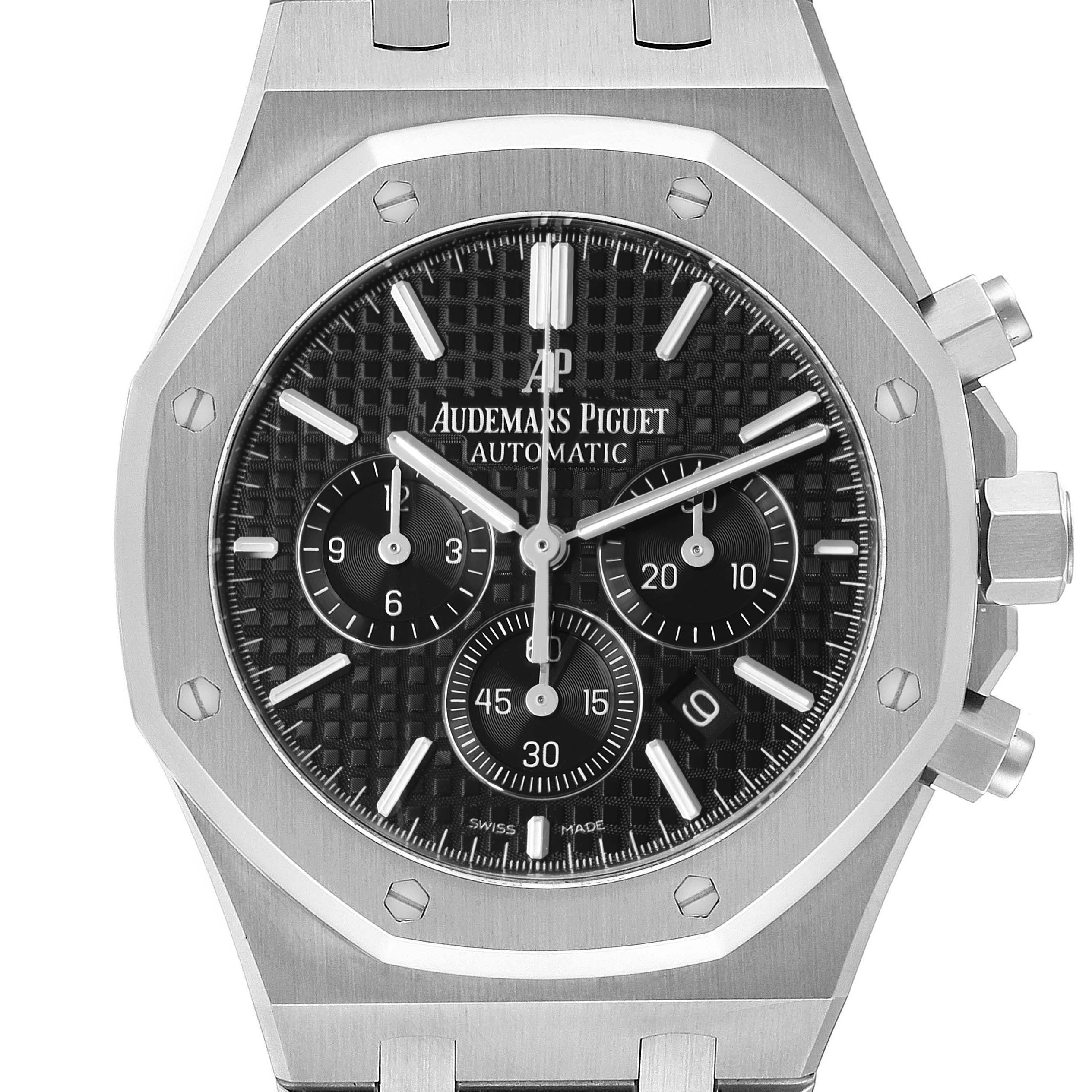 The image shows a front view of an Audemars Piguet Royal Oak 26320ST.00.1220ST.01 Men's Stainless Steel Black Dial 26320ST.00.1220ST.01 Men's Stainless Steel Black Dial watch, highlighting the face, bezel, and chronograph pushers.