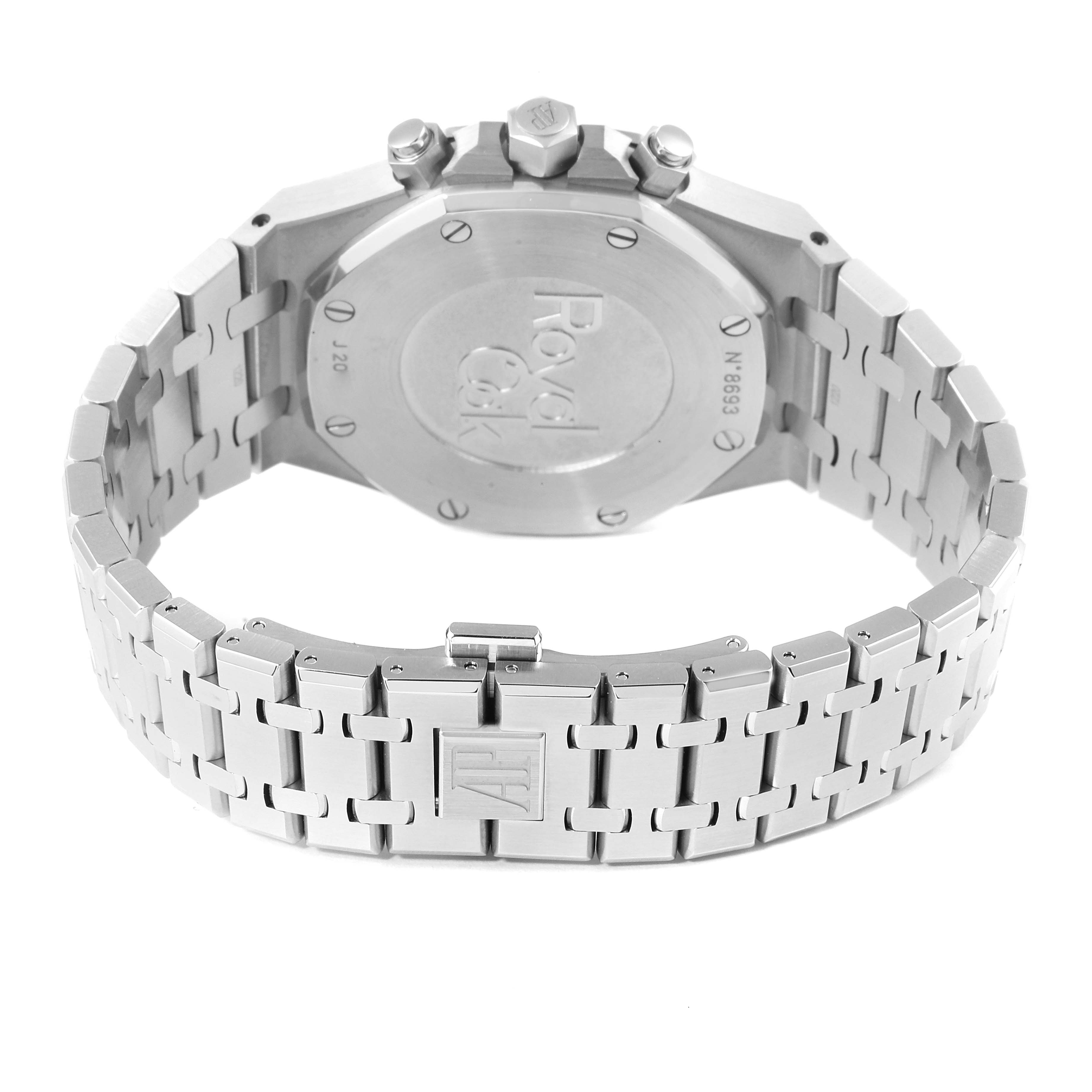 This image shows the back of a Royal Oak model by Audemars Piguet, highlighting the case back and metal bracelet with the AP logo.