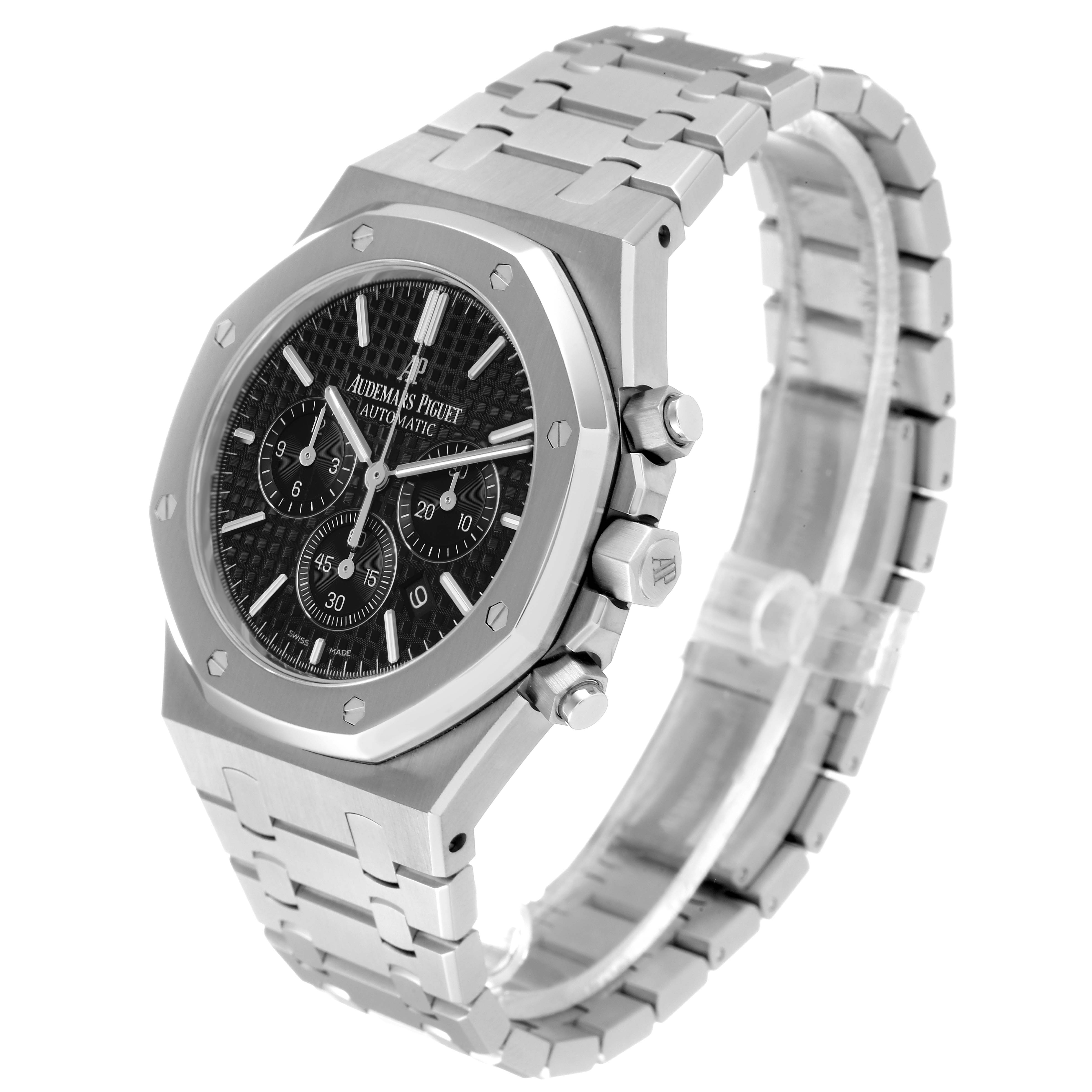 The image shows a side angle view of the Audemars Piguet Royal Oak 26320ST.00.1220ST.01 Men's Stainless Steel Black Dial 26320ST.00.1220ST.01 Men's Stainless Steel Black Dial watch, highlighting its face, bezel, and bracelet.