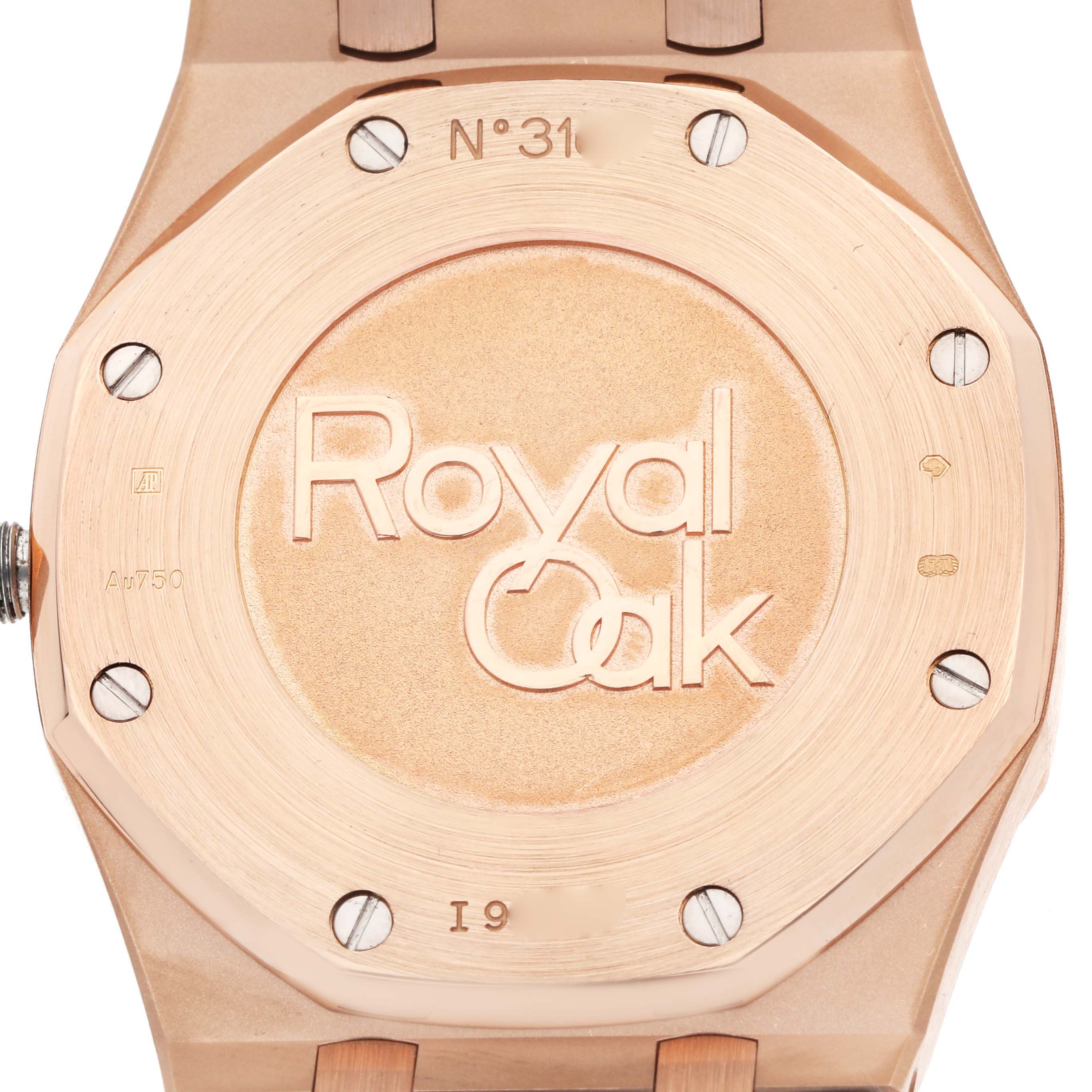 The image shows the case back of a Royal Oak model by Audemars Piguet, highlighting the engravings and screws.
