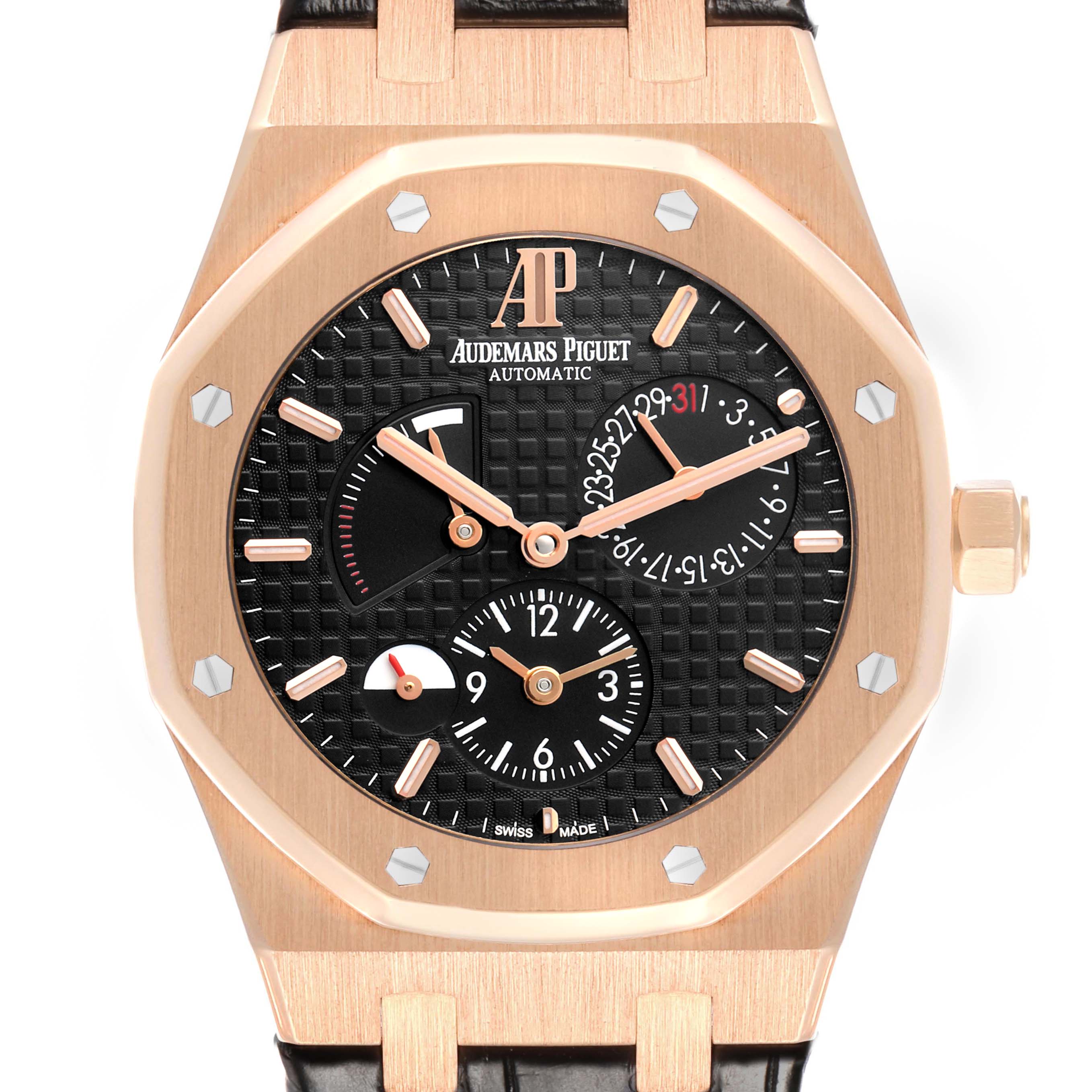 The Audemars Piguet Royal Oak 26120OR Men
s Rose Gold Black Dial watch is shown from the front, displaying the dial, hands, and sub-dials.