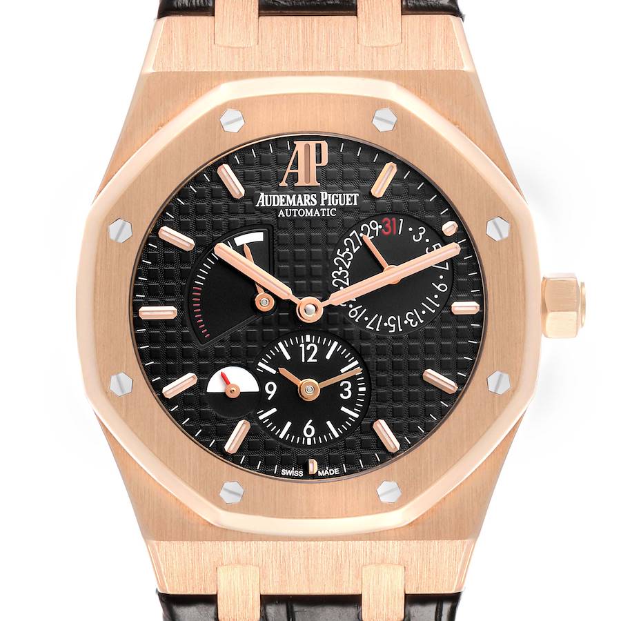 The Audemars Piguet Royal Oak 26120OR Men's Rose Gold Black Dial watch is shown from the front, displaying the dial, hands, and sub-dials.