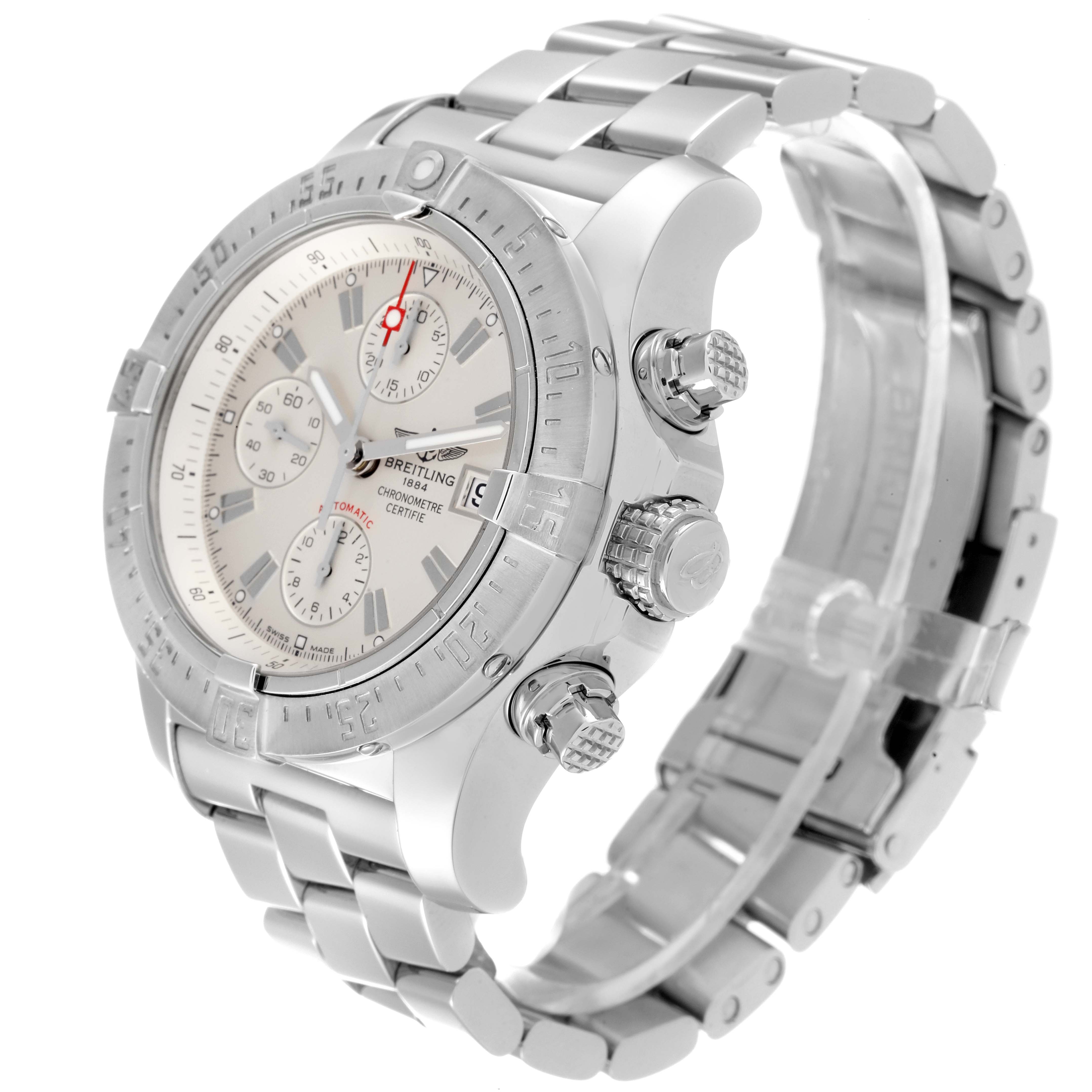 The image shows a Breitling Avenger A13380 Men's Stainless Steel Silver Dial A13380 Men's Stainless Steel Silver Dial watch at a three-quarter angle, highlighting the face, bezel, crown, and bracelet.