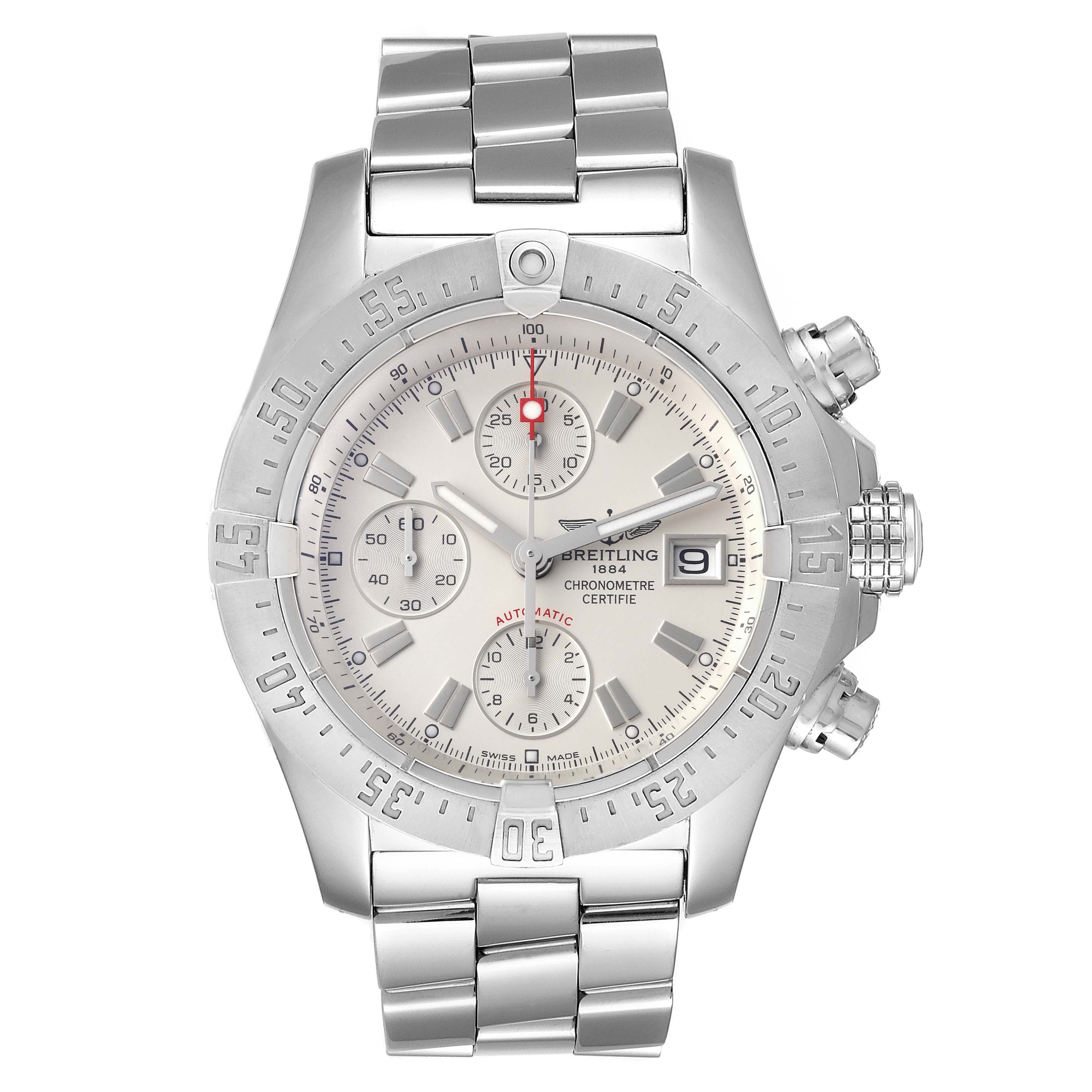 The image shows a front view of the Breitling Avenger A13380 Men's Stainless Steel Silver Dial A13380 Men's Stainless Steel Silver Dial watch, displaying its dial, bezel, pushers, and bracelet.