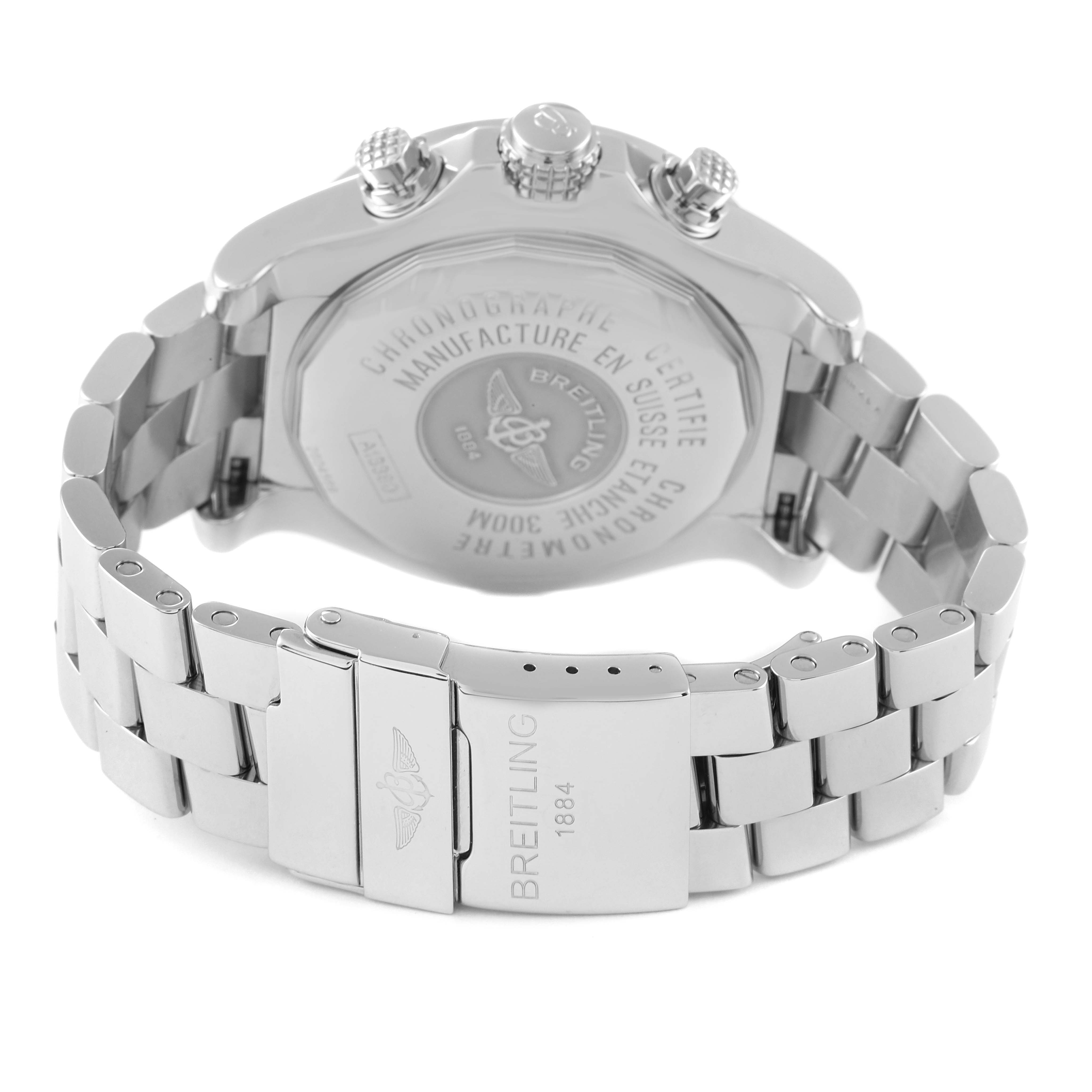 This image shows the back view of the Breitling Avenger A13380 Men's Stainless Steel Silver Dial A13380 Men's Stainless Steel Silver Dial watch, focusing on the caseback, crown, and metal bracelet.