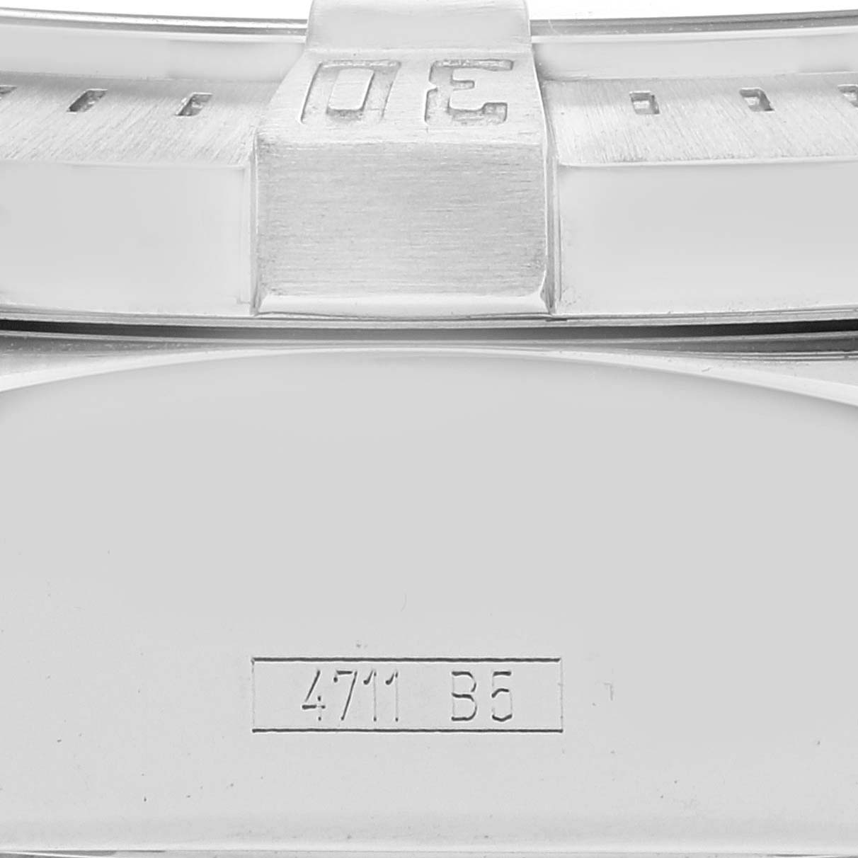 This image shows a close-up of the bezel and case back engraving of a Breitling Avenger A13380 Men's Stainless Steel Silver Dial A13380 Men's Stainless Steel Silver Dial watch.