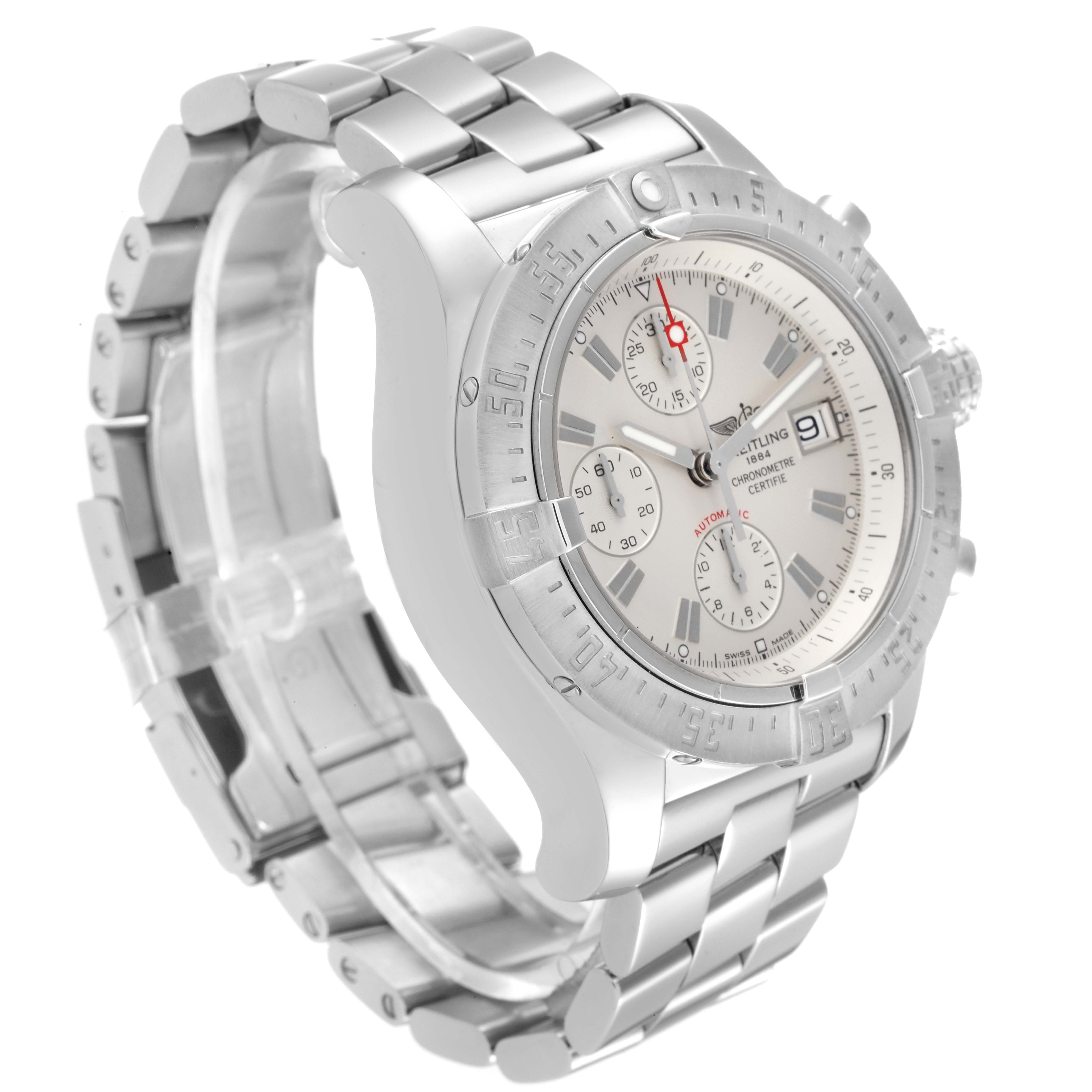This image shows a side and front view of a Breitling Avenger A13380 Men's Stainless Steel Silver Dial A13380 Men's Stainless Steel Silver Dial watch, featuring its bezel, dial, and bracelet.