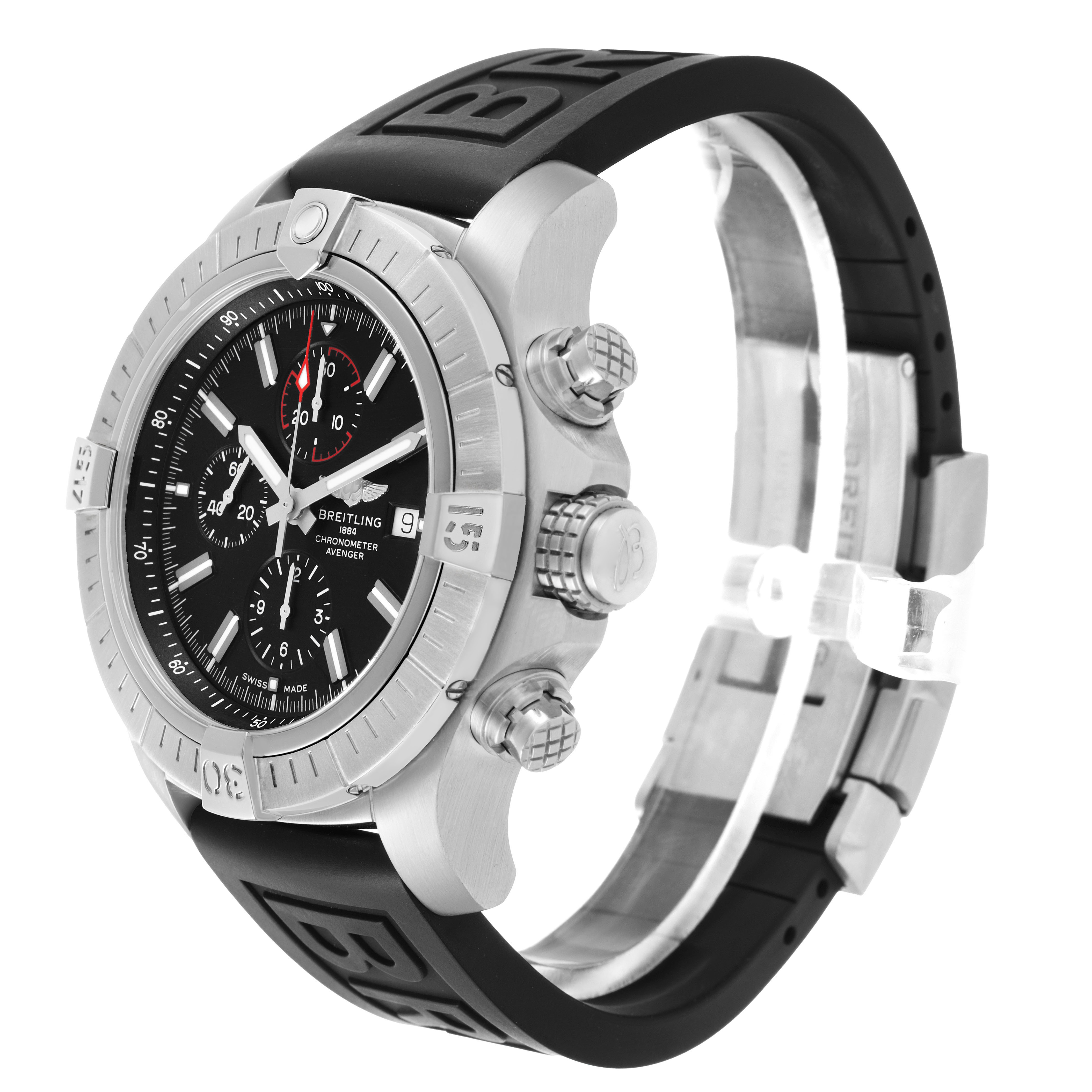 The Breitling Avenger A13375 Men's Stainless Steel Black Dial watch is shown from a side angle highlighting the bezel, crown, pushers, and strap.