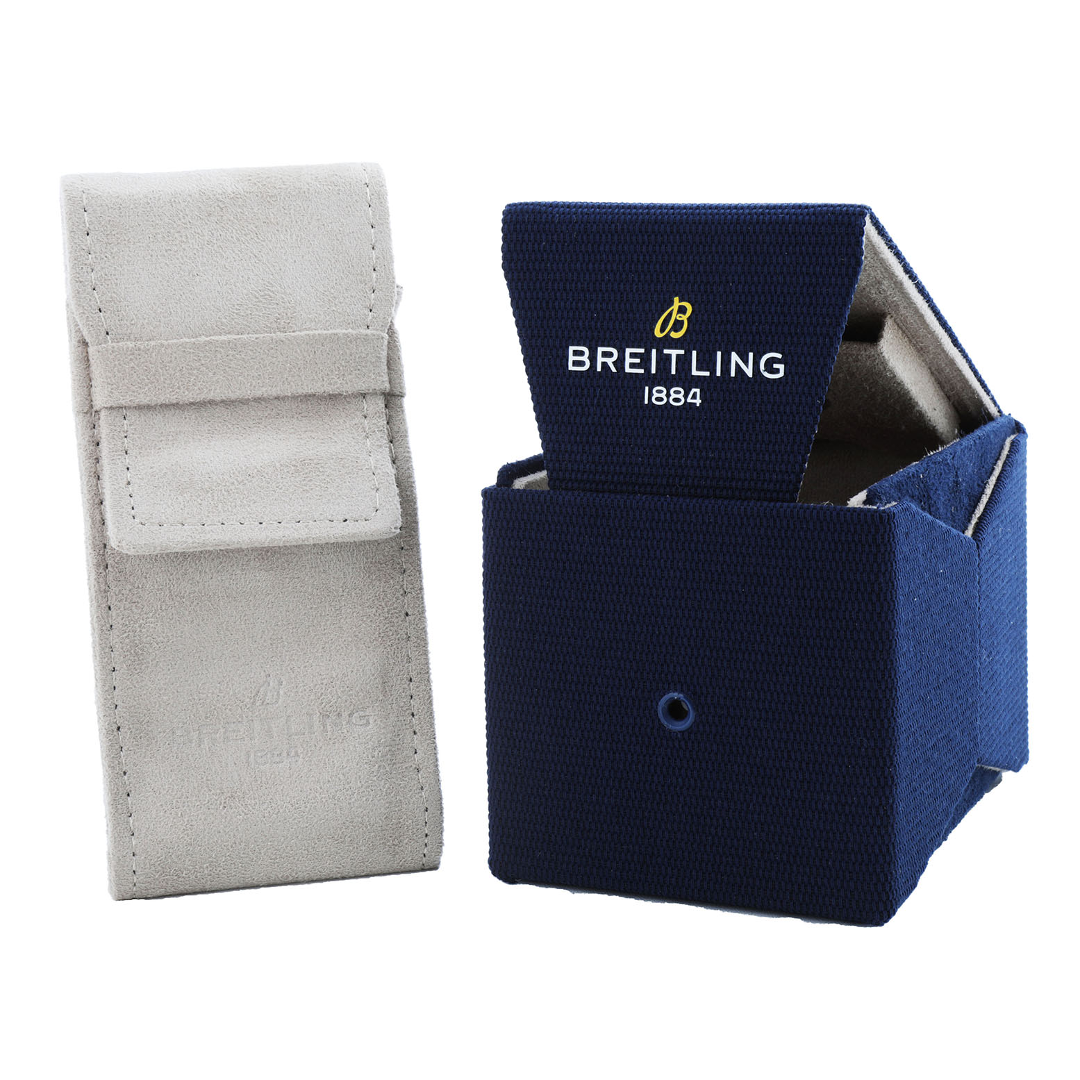 The image shows a Breitling Avenger A13375 Men's Stainless Steel Black Dial watch box and a gray suede pouch, both positioned upright.