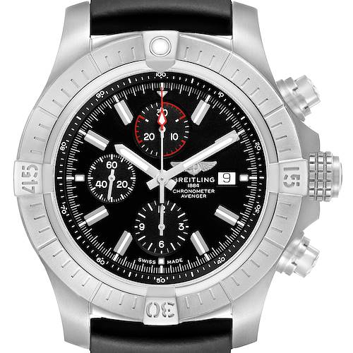 The Breitling Avenger A13375 Men's Stainless Steel Black Dial watch is shown from the front, highlighting the dial, bezel, pushers, and crown.