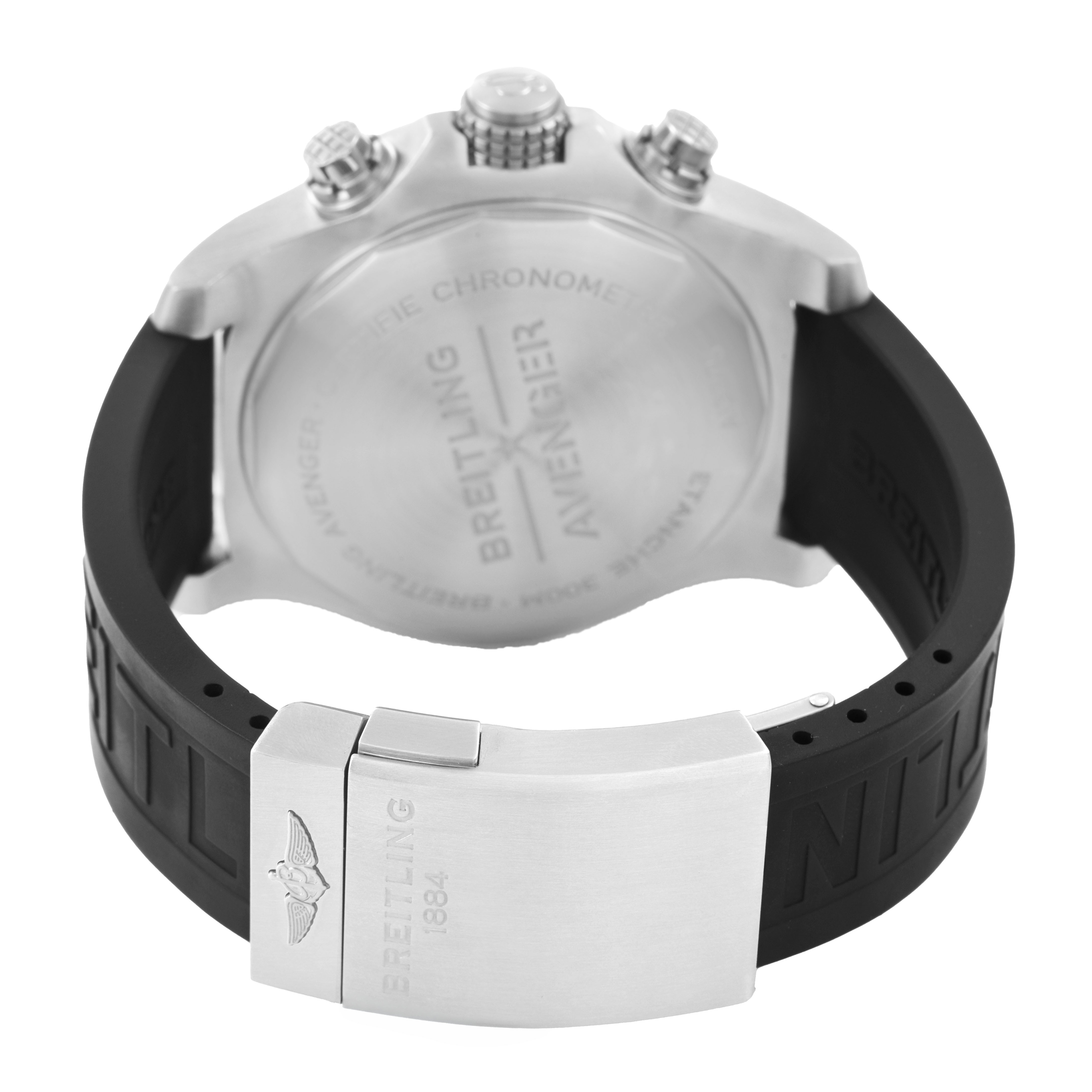 The image shows the back case and clasp of the Breitling Avenger A13375 Men's Stainless Steel Black Dial watch, with the rubber strap and chronograph buttons visible.
