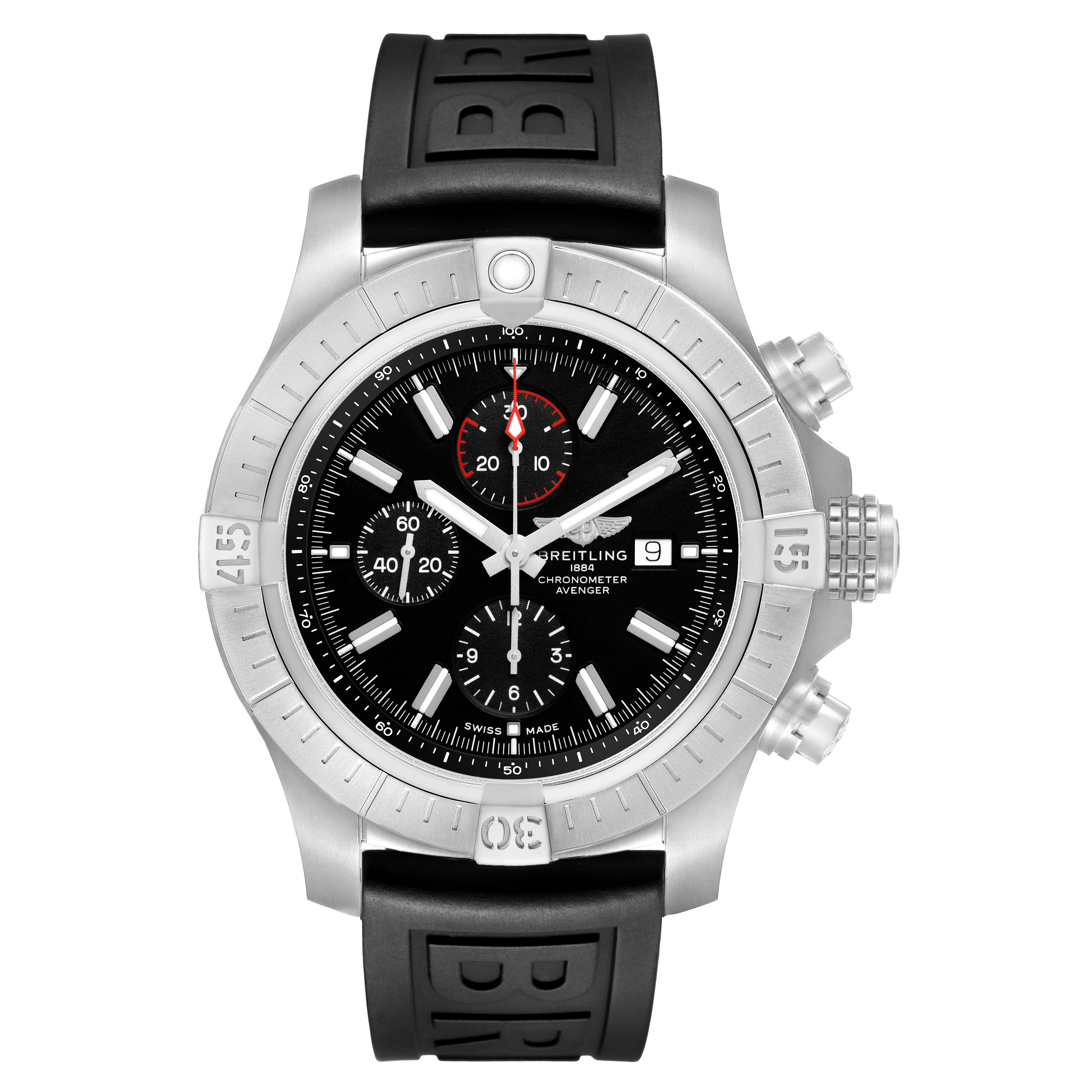 The Breitling Avenger A13375 Men's Stainless Steel Black Dial watch is shown from a front angle, displaying its dial, bezel, strap, and chronograph features.