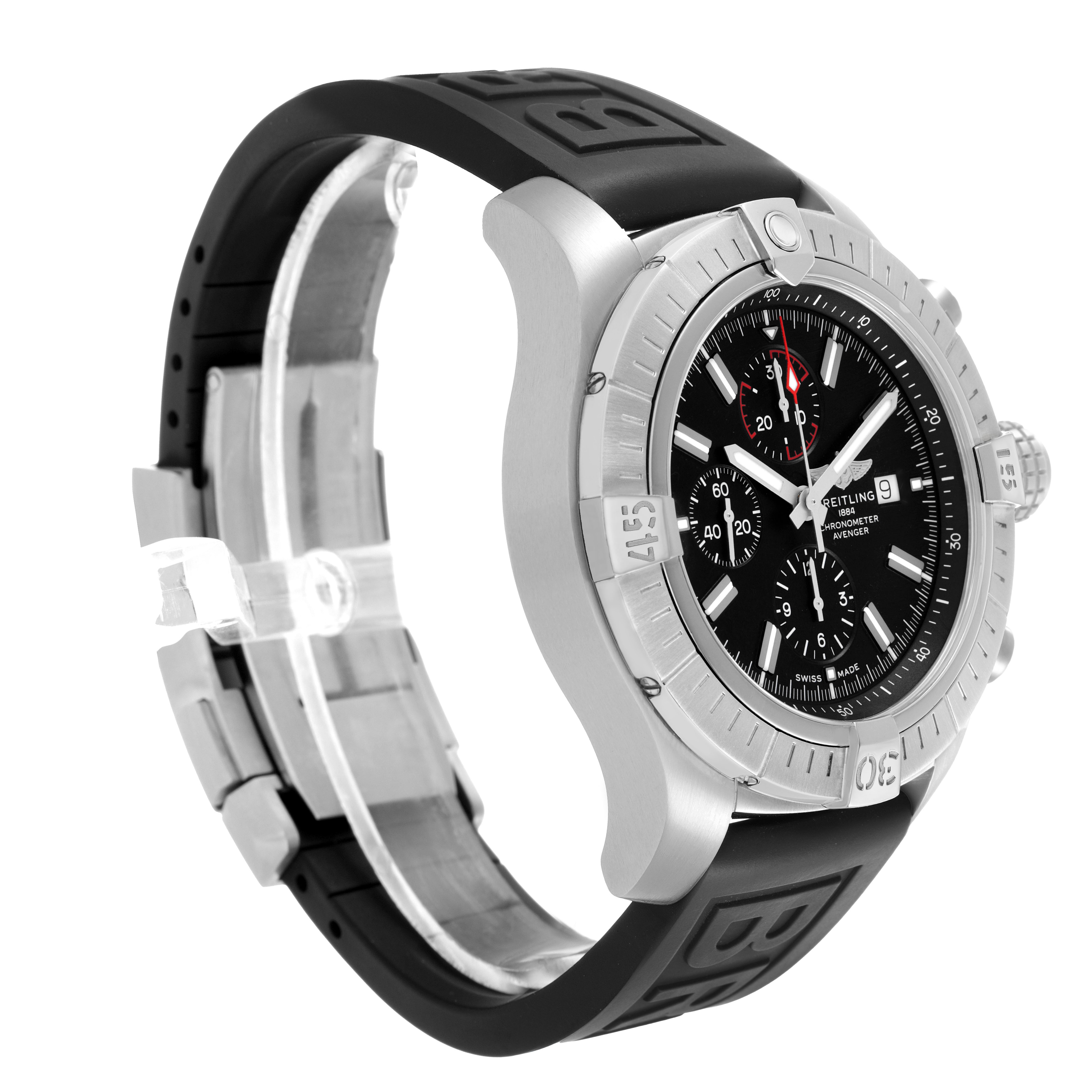 The Breitling Avenger A13375 Men's Stainless Steel Black Dial watch is shown in a side angle, featuring its bezel, black dial, chronograph sub-dials, and black rubber strap.