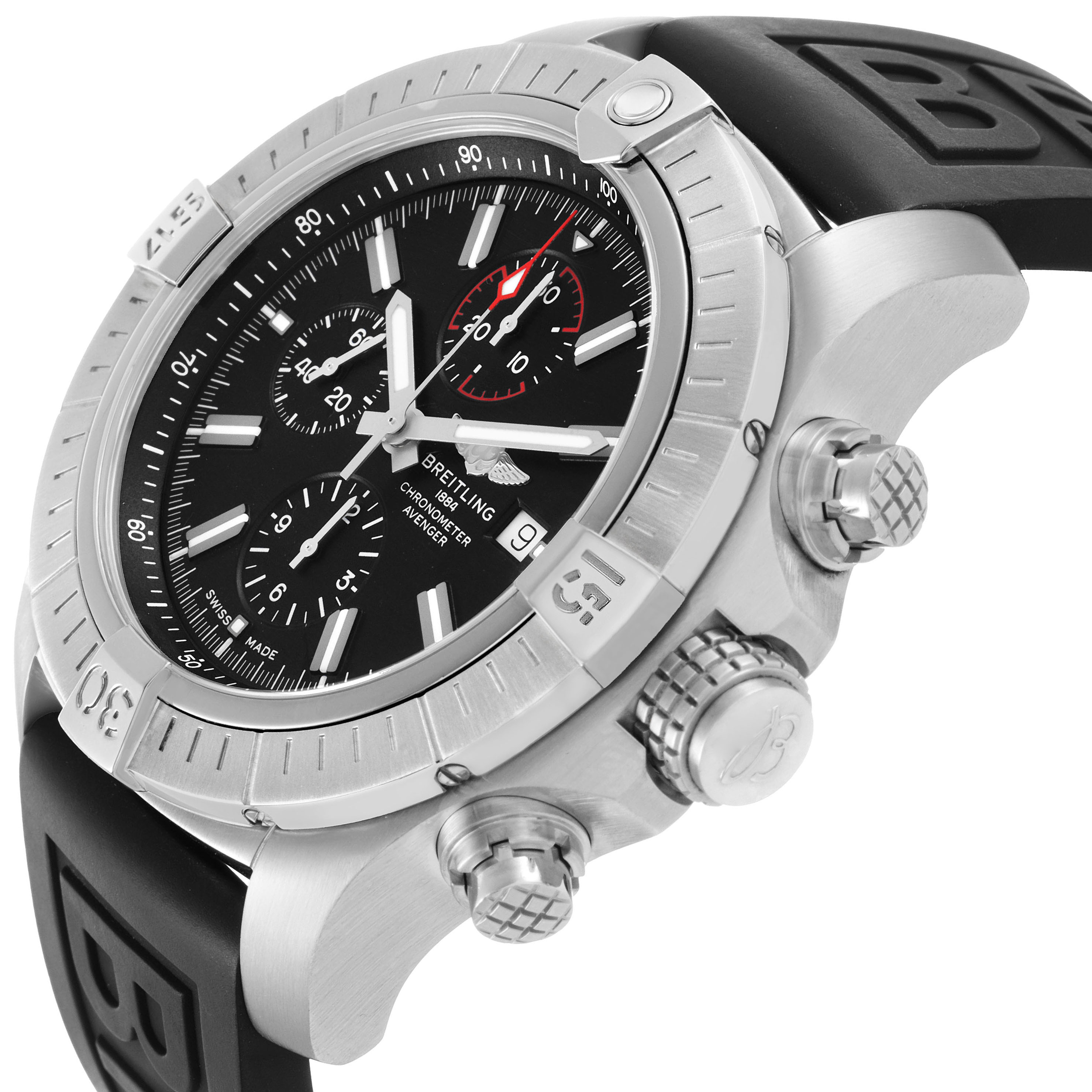 The Breitling Avenger A13375 Men's Stainless Steel Black Dial watch is shown at an angled side view, highlighting the bezel, crown, pushers, and black dial.