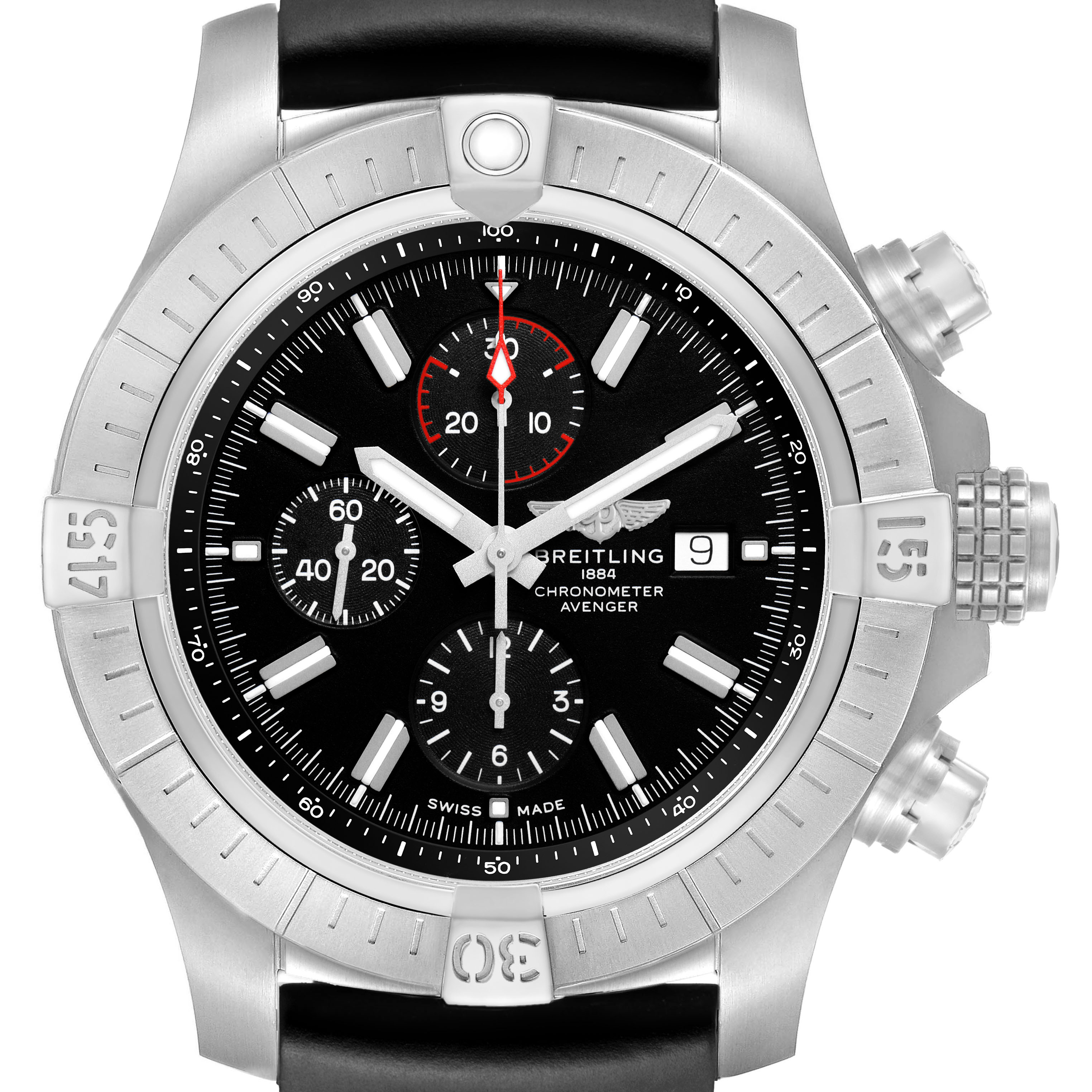 The Breitling Avenger A13375 Men's Stainless Steel Black Dial watch is shown from the front, displaying the dial, bezel, pushers, and crown.