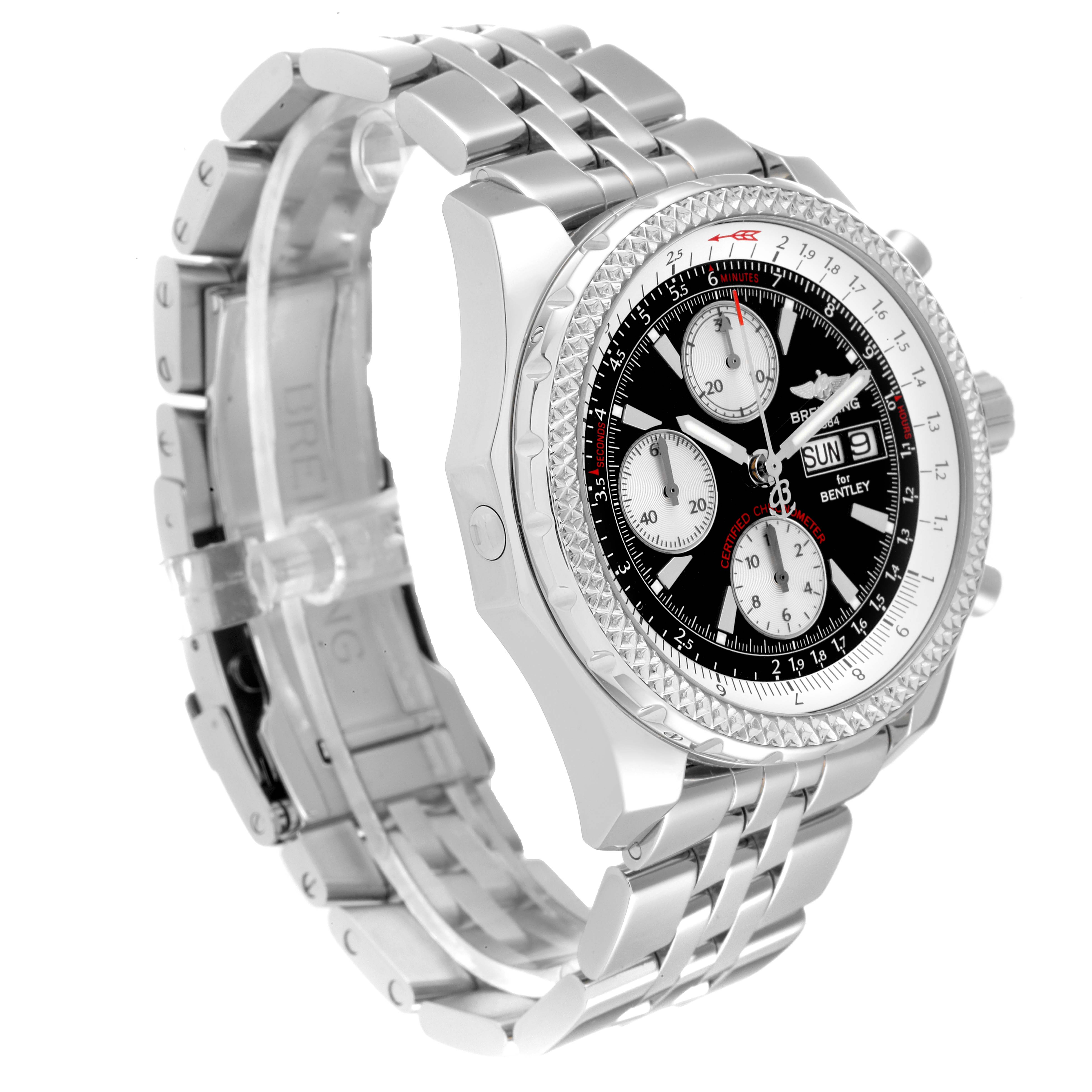 The Breitling Bentley A13362 Men's Stainless Steel Black Dial A13362 Men's Stainless Steel Black Dial model watch is shown from a top angle, displaying its face, bracelet, and side buttons.