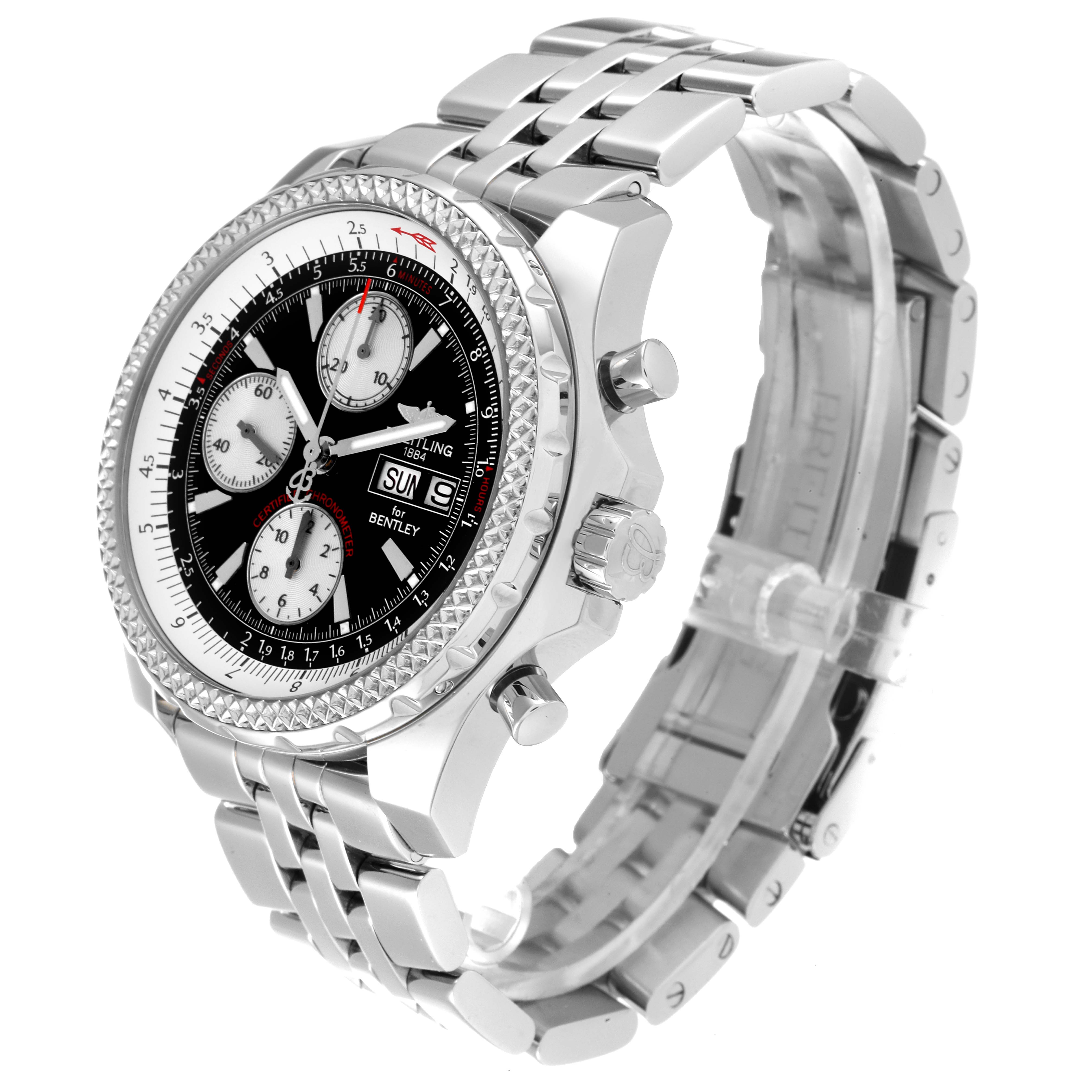 The image shows a side angle of a Bentley model by Breitling, detailing the dial, bezel, crown, and bracelet.