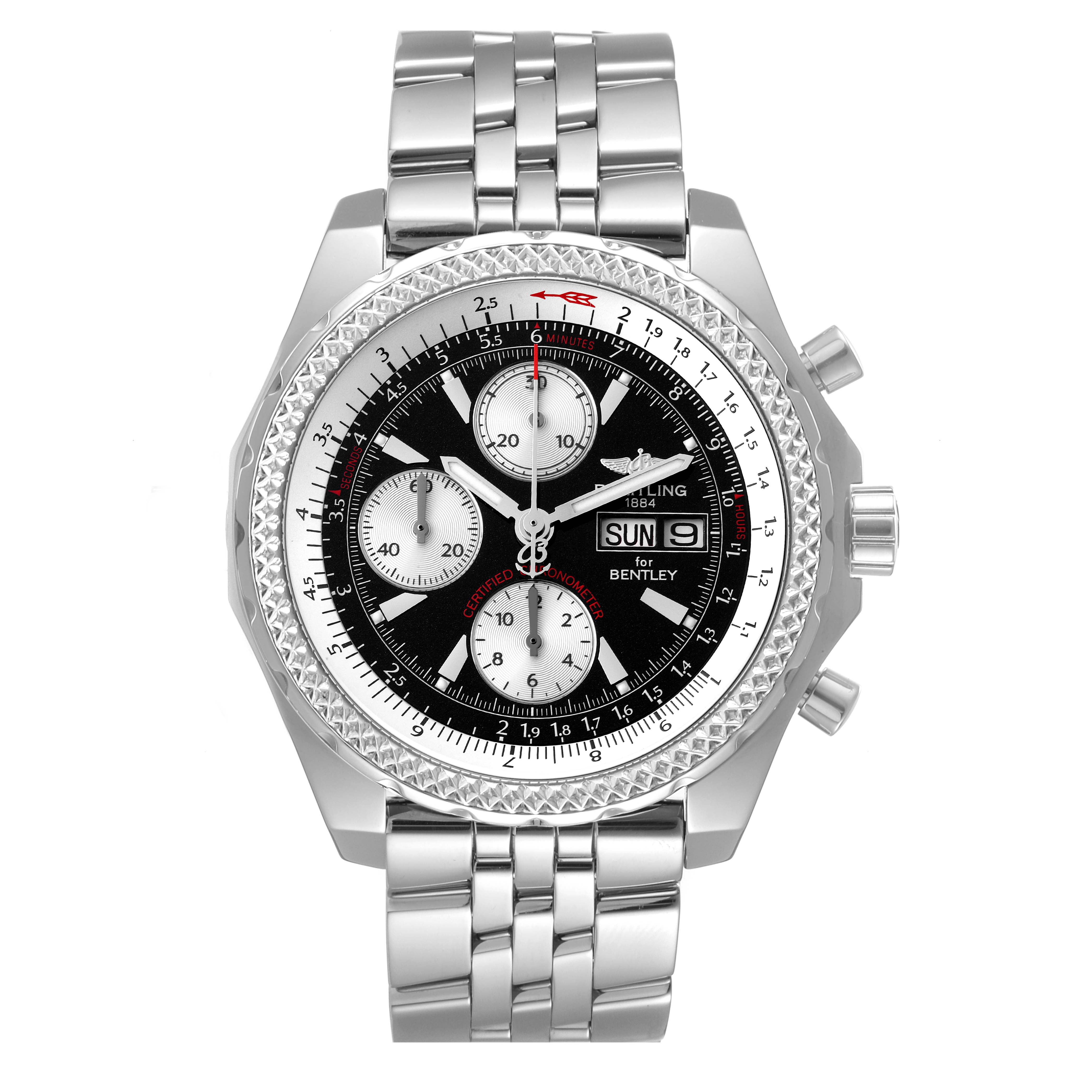 This image shows a front angle view of a Breitling Bentley A13362 Men's Stainless Steel Black Dial A13362 Men's Stainless Steel Black Dial watch, displaying the face, bezel, and stainless steel bracelet.