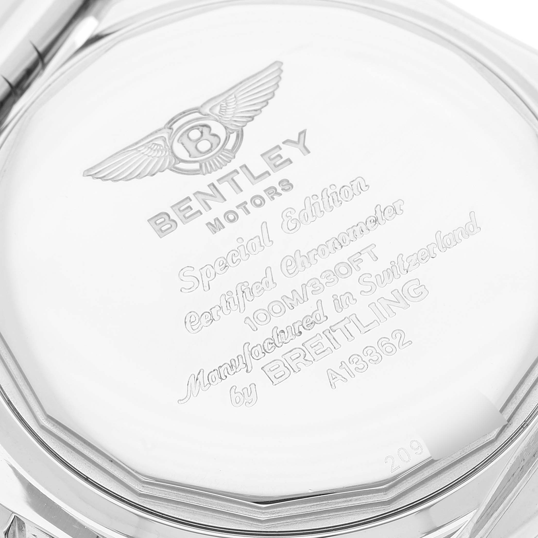 The image shows the back case of a Breitling Bentley A13362 Men's Stainless Steel Black Dial A13362 Men's Stainless Steel Black Dial watch at an angled view, highlighting engravings and branding details.