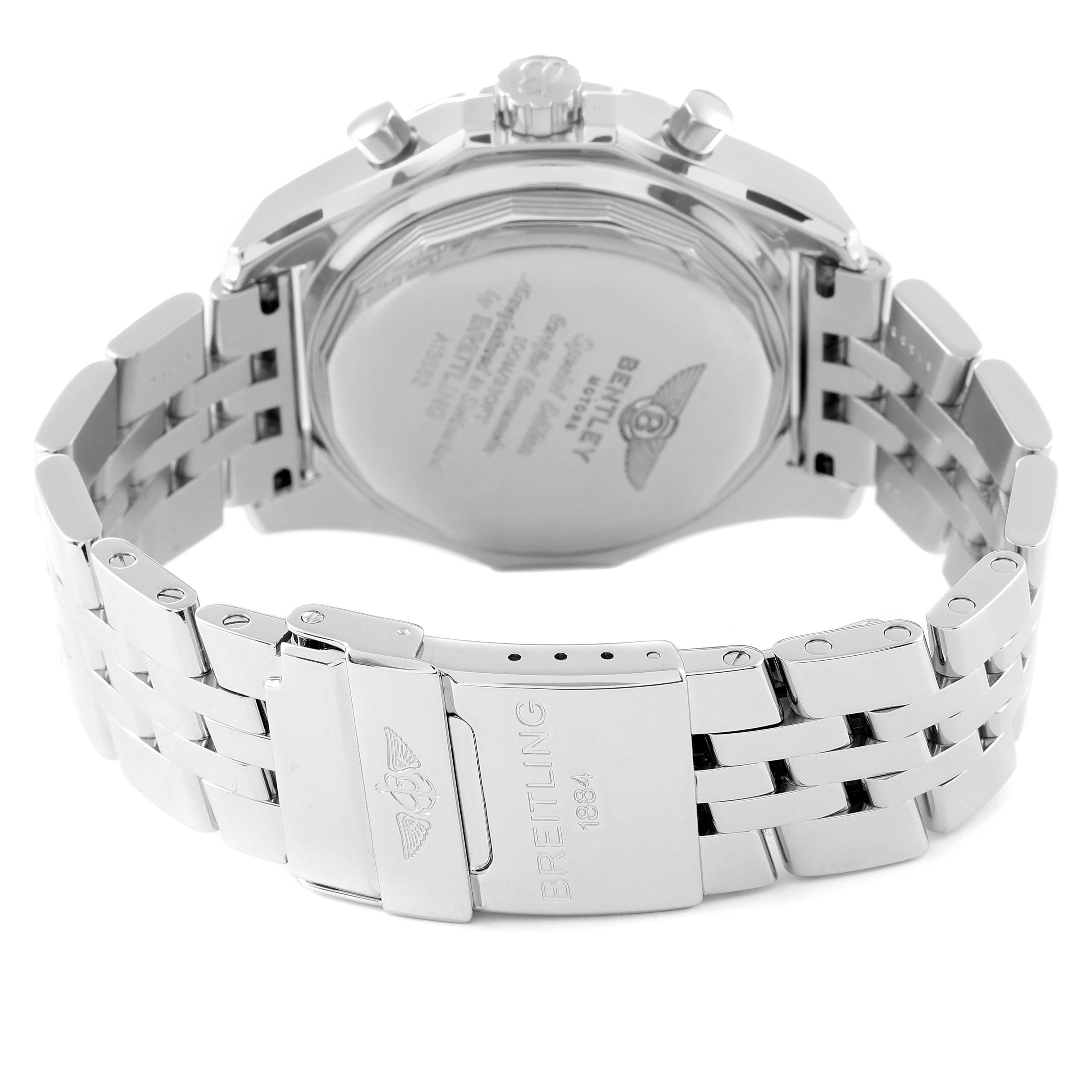 The image shows the back case and stainless steel bracelet of a Breitling Bentley A13362 Men's Stainless Steel Black Dial A13362 Men's Stainless Steel Black Dial model watch.