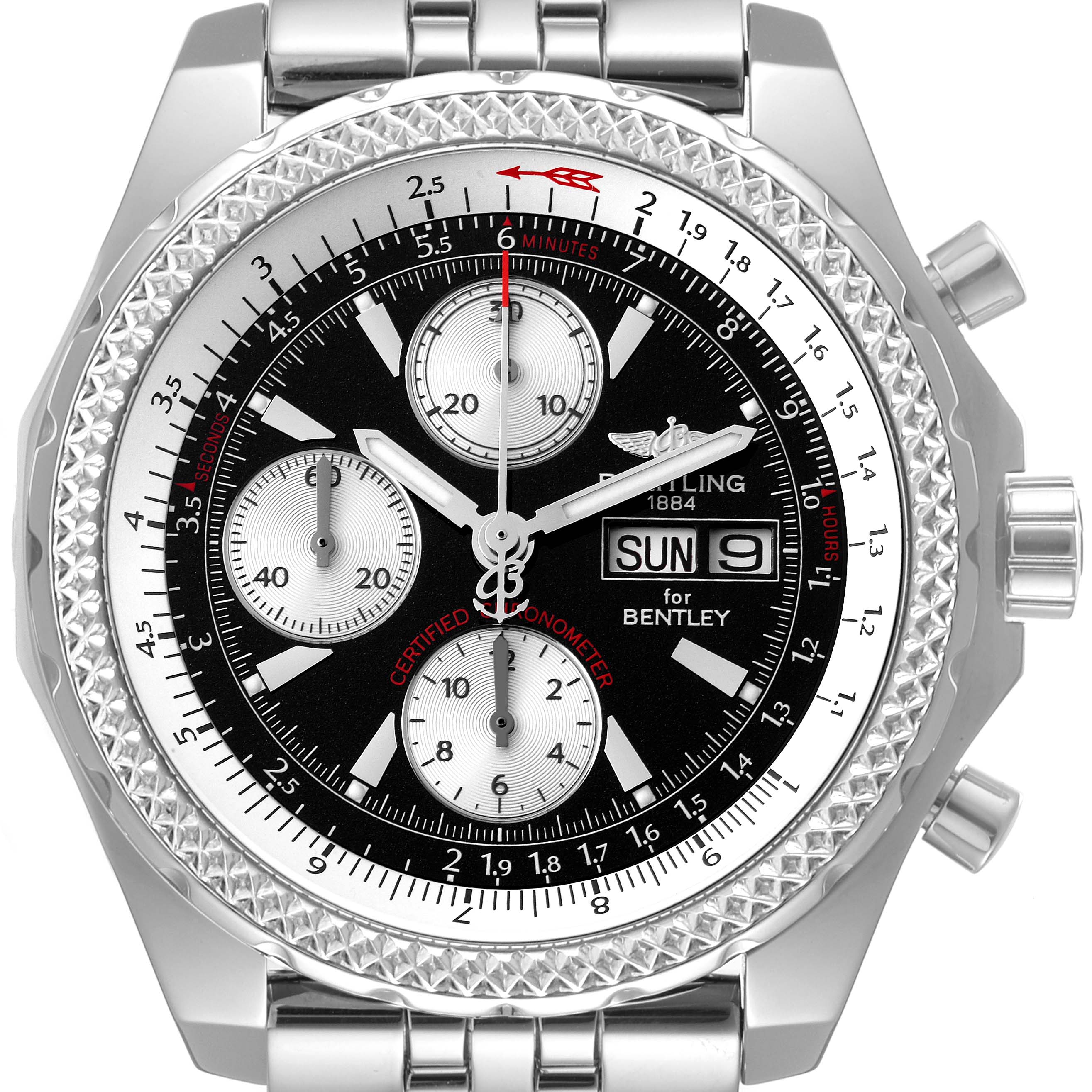 The image shows a front close-up view of a Breitling Bentley A13362 Men's Stainless Steel Black Dial A13362 Men's Stainless Steel Black Dial watch with detailed dial and bezel.