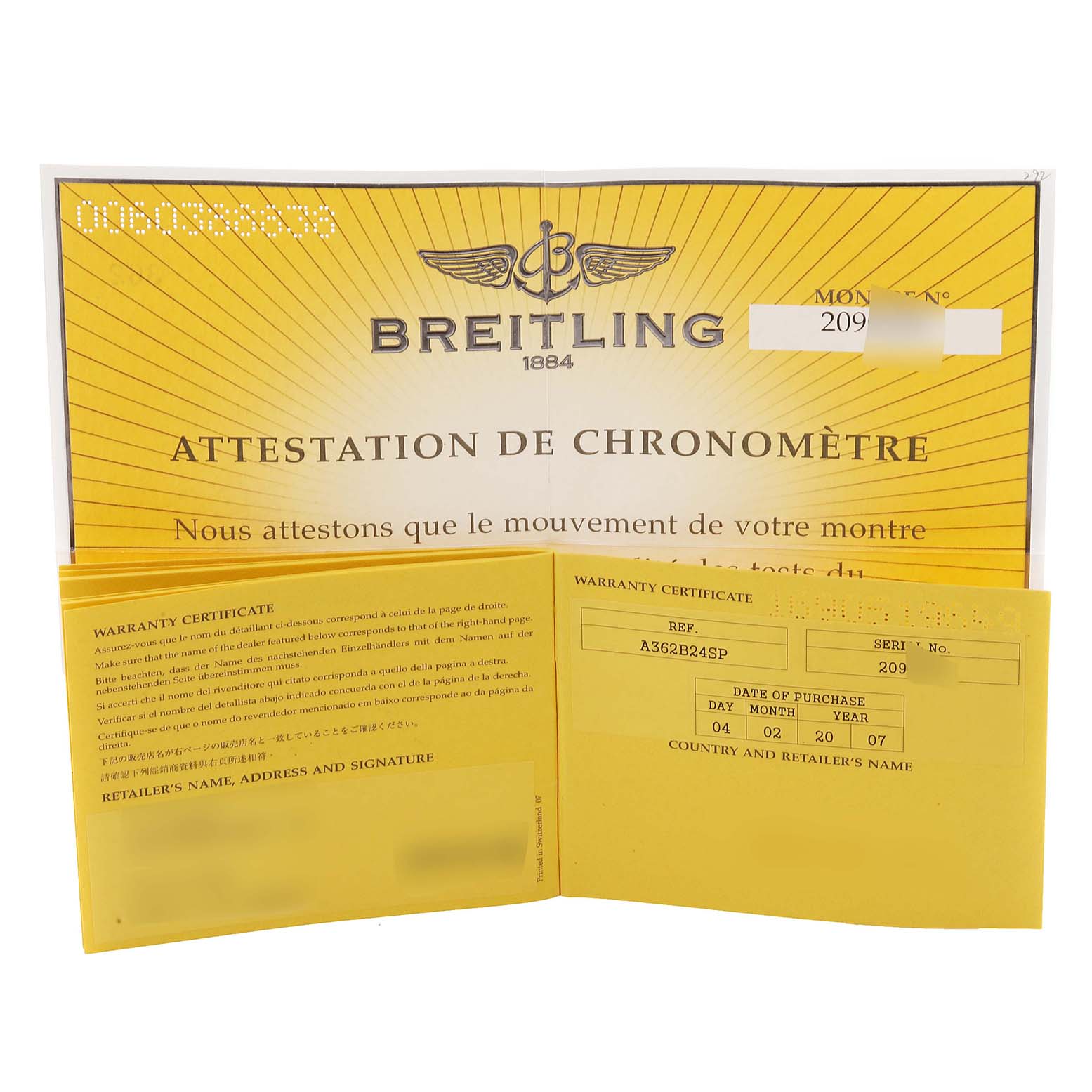 This image shows the warranty certificate and chronometer certificate for the Bentley model by Breitling.