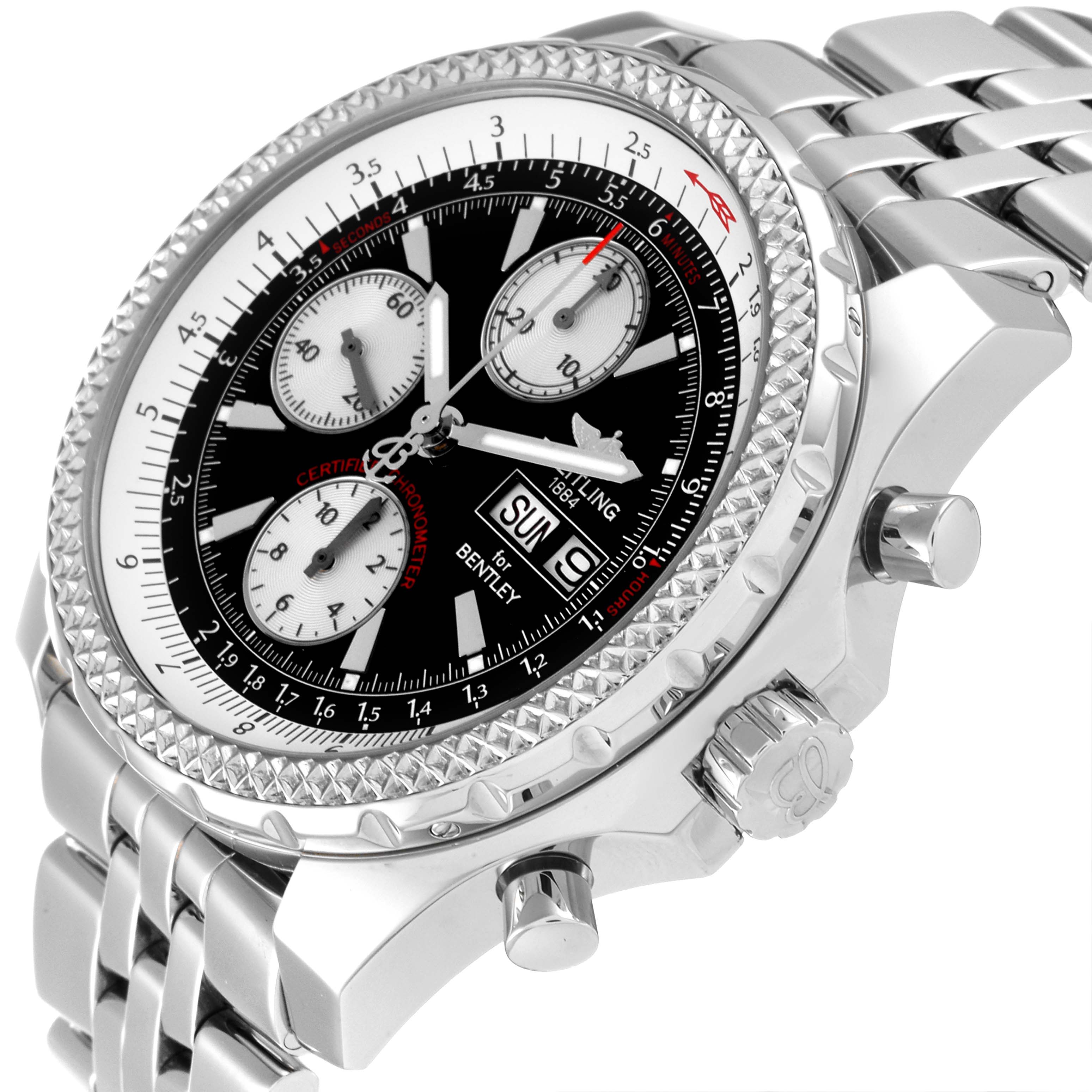 This image shows a Breitling Bentley A13362 Men's Stainless Steel Black Dial A13362 Men's Stainless Steel Black Dial watch at a slight angle, displaying the face, bezel, crown, and part of the bracelet.