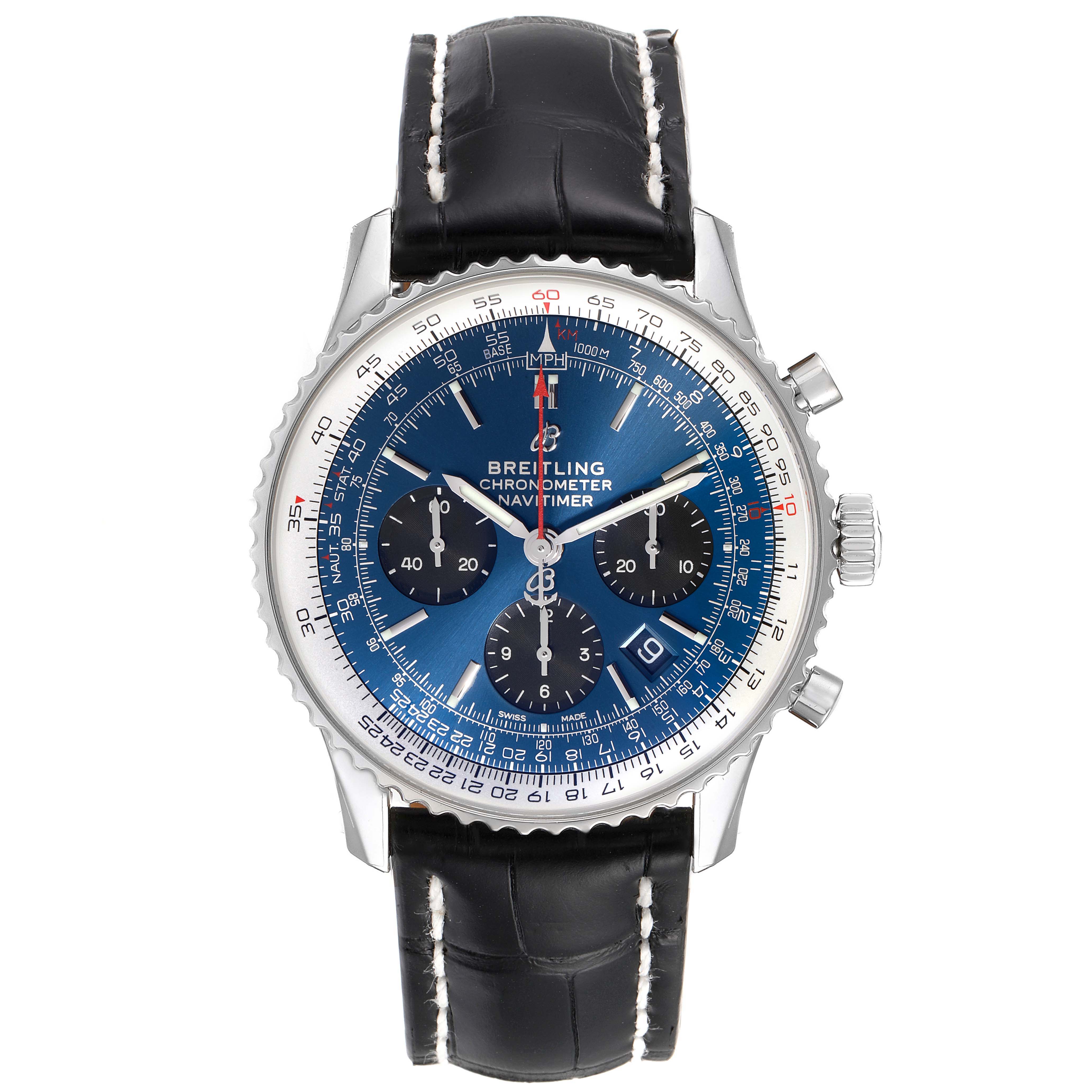 The Breitling Navitimer AB0121C4-C920-731P Men's Stainless Steel Blue Dial AB0121C4-C920-731P Men's Stainless Steel Blue Dial watch is shown from a front angle, displaying its blue dial, subdials, bezel, and leather strap.