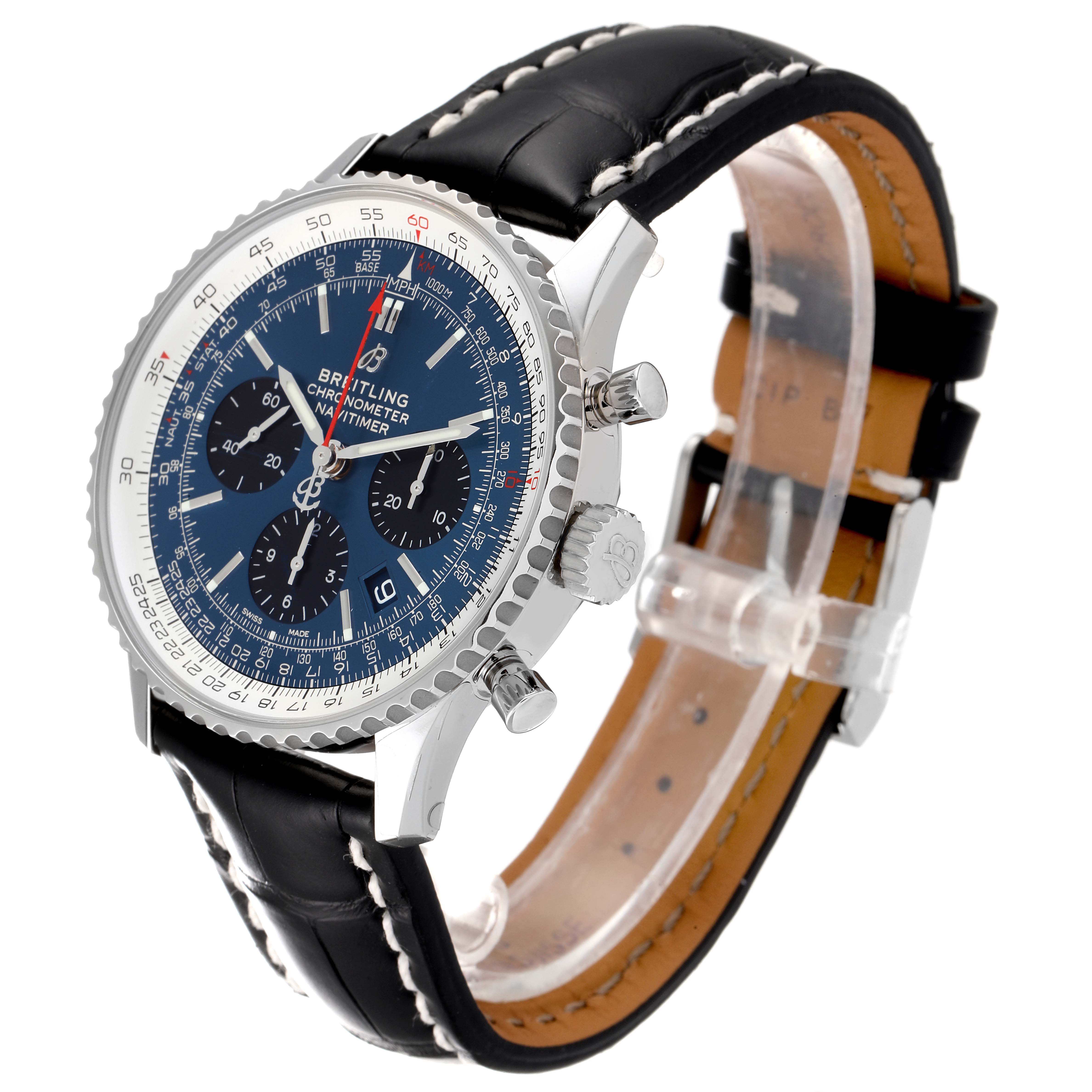 The Breitling Navitimer AB0121C4-C920-731P Men's Stainless Steel Blue Dial AB0121C4-C920-731P Men's Stainless Steel Blue Dial watch is shown at a three-quarter angle, displaying its dial, bezel, crown, pushers, and leather strap.