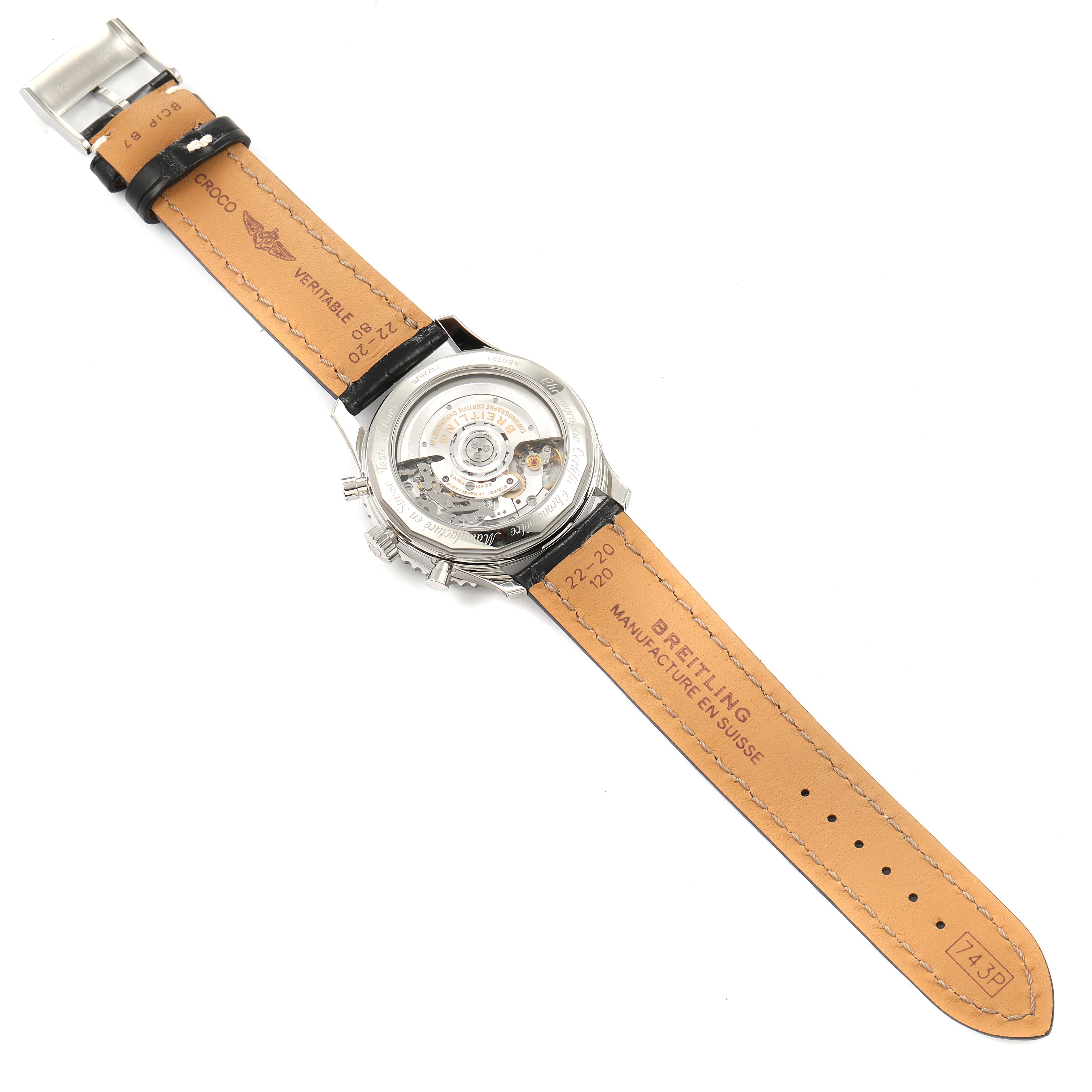 The image shows the back view of a Breitling Navitimer AB0121C4-C920-731P Men's Stainless Steel Blue Dial AB0121C4-C920-731P Men's Stainless Steel Blue Dial watch, featuring its leather strap and visible mechanical movement.